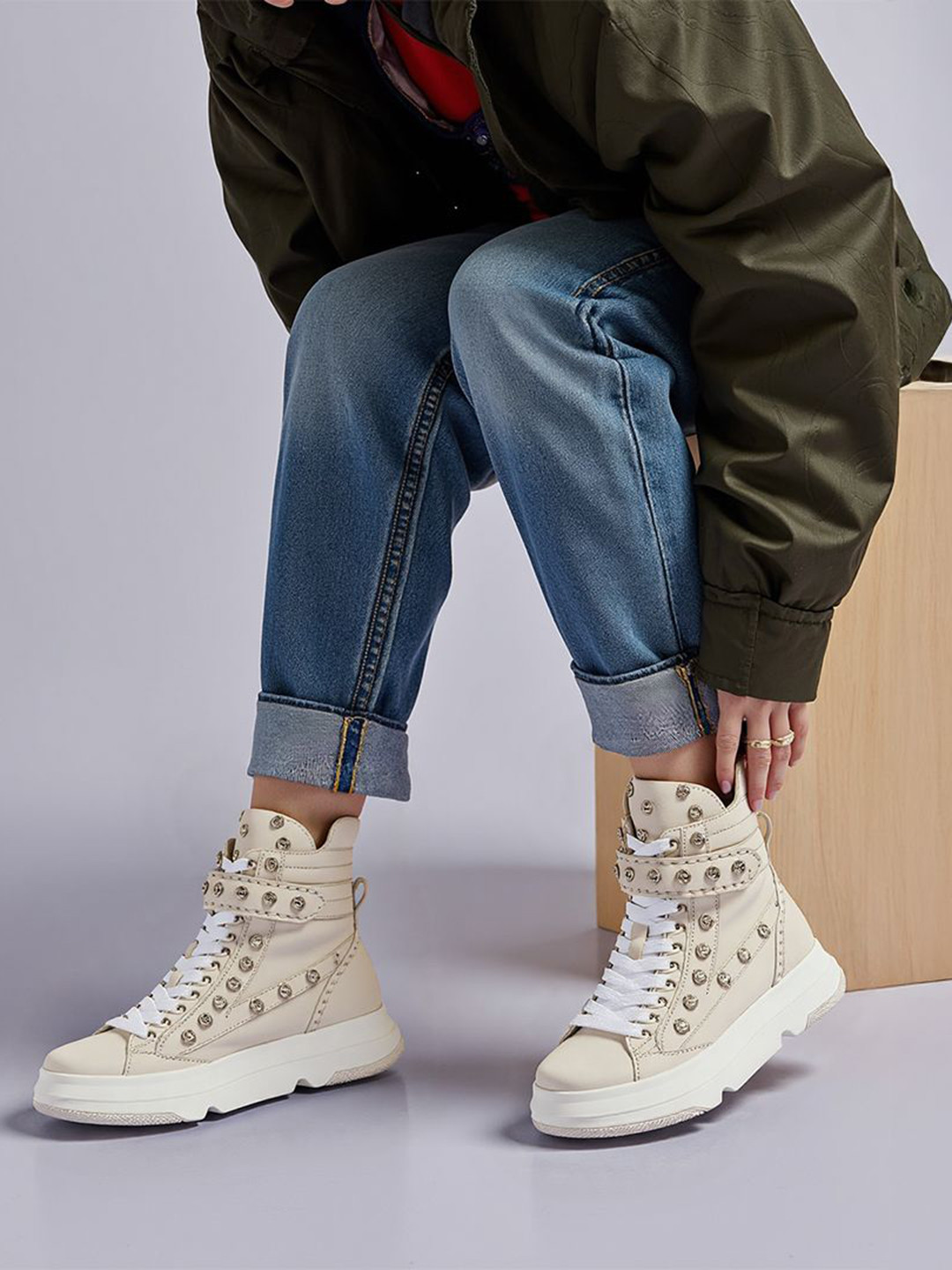 Saint G Women Western - Embellished Ivory Leather Sneakers