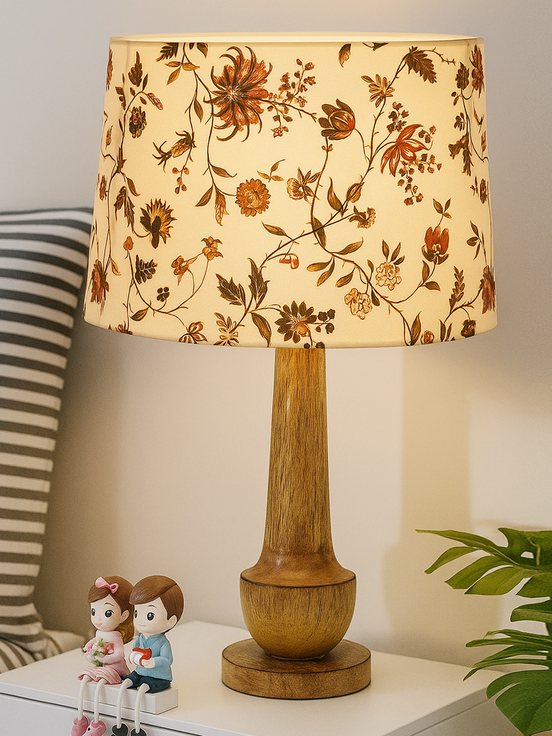 Homesake White Floral Printed Cylindrical Shaped Wooden Table Lamp With Bulb