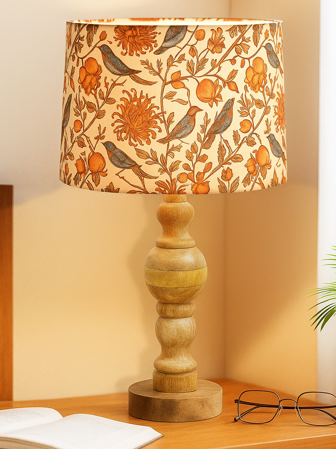 Homesake Beige Printed Wood Cylindrical Shaped Table Lamp with Bulb