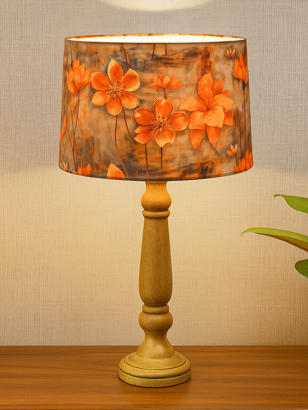 Homesake Orange Printed Wood Cylindrical Shaped Table Lamp with Bulb