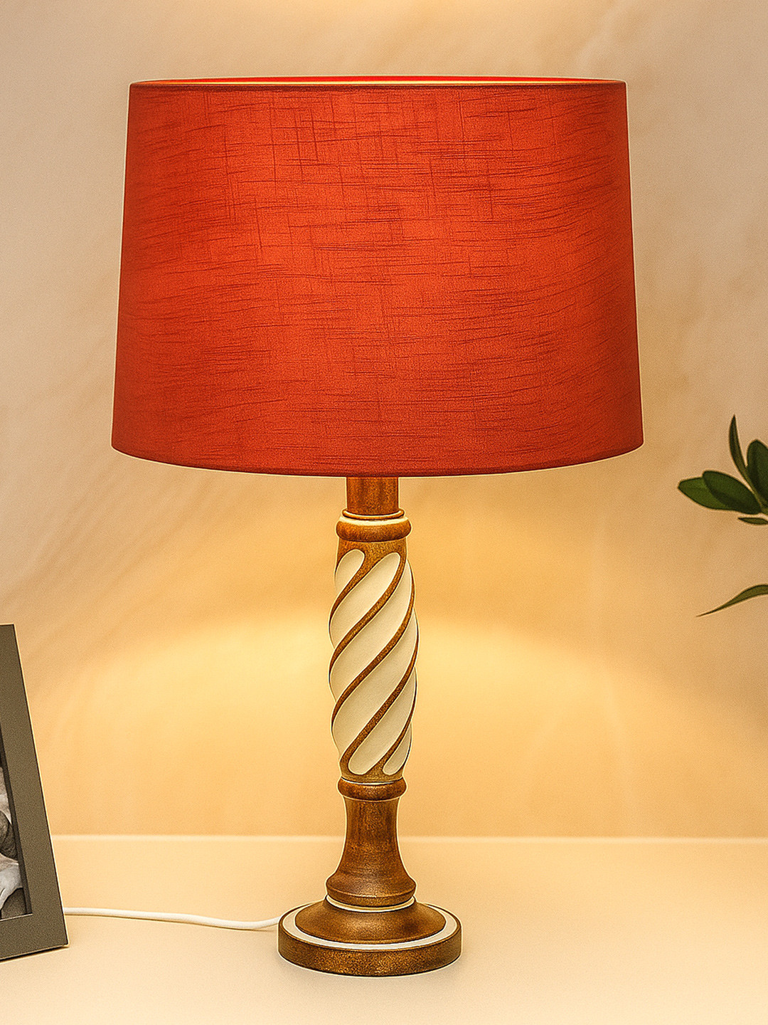 Homesake Table Lamp Red Wood Bell Shaped Table Lamp with Bulb