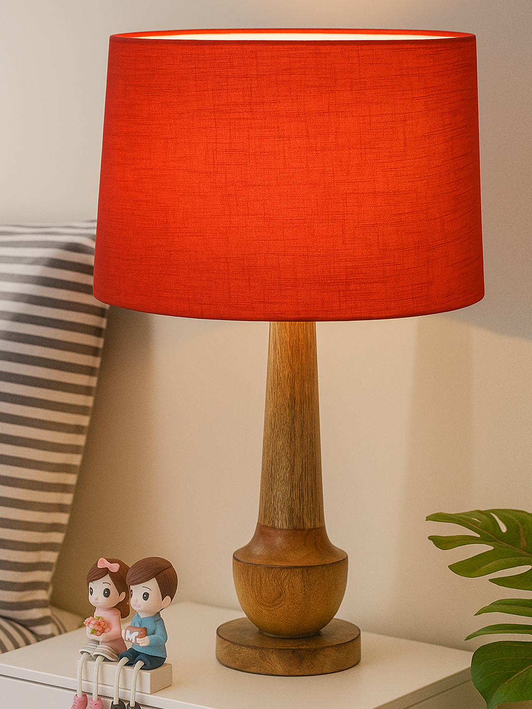 Homesake Red & Brown Wood Cylindrical Shaped Table Lamp with Bulb