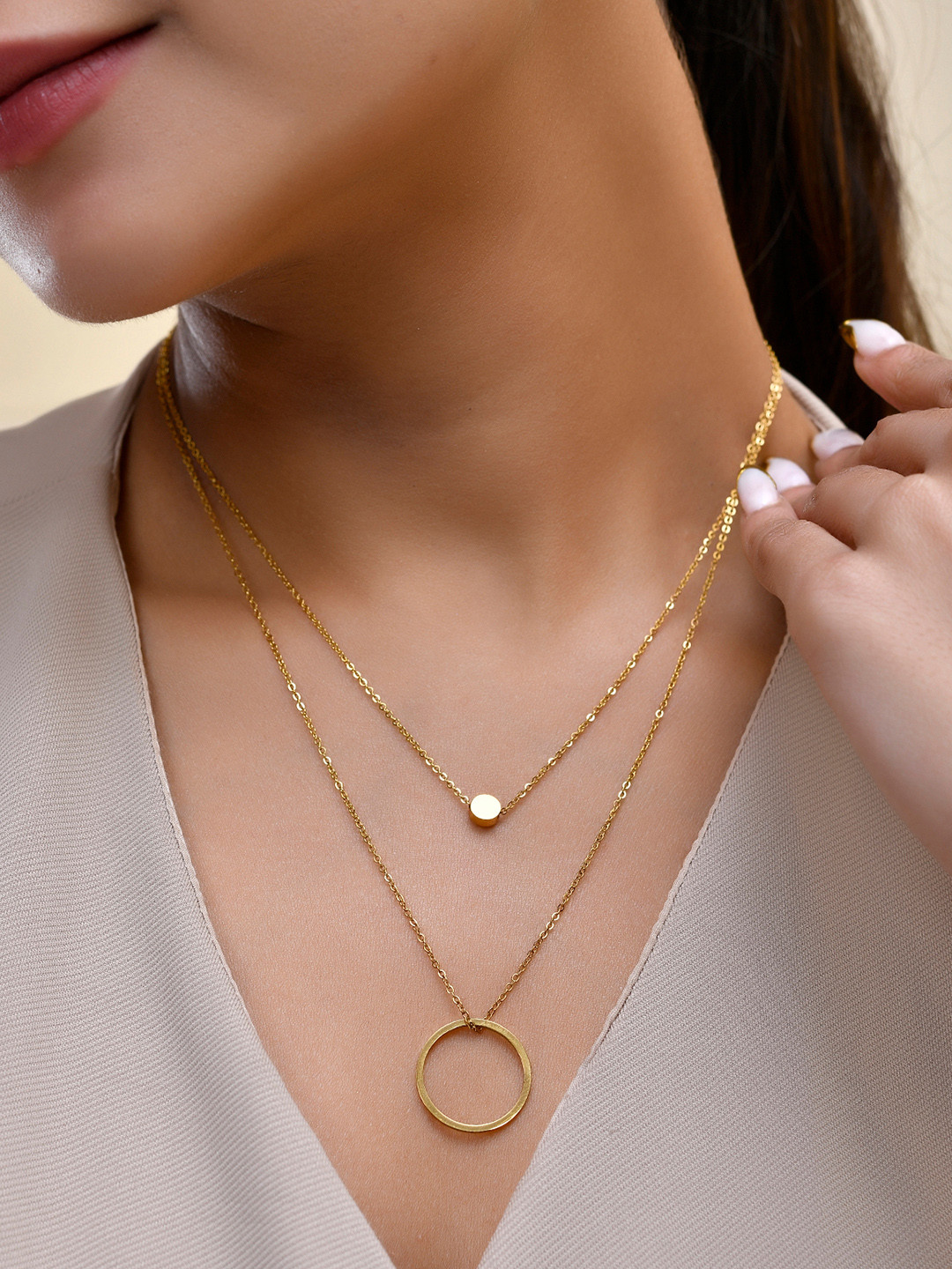 AQUASTREET 18K Gold Plated Waterproof Anti-Tarnish Titanium Steel Ring Layered Necklace