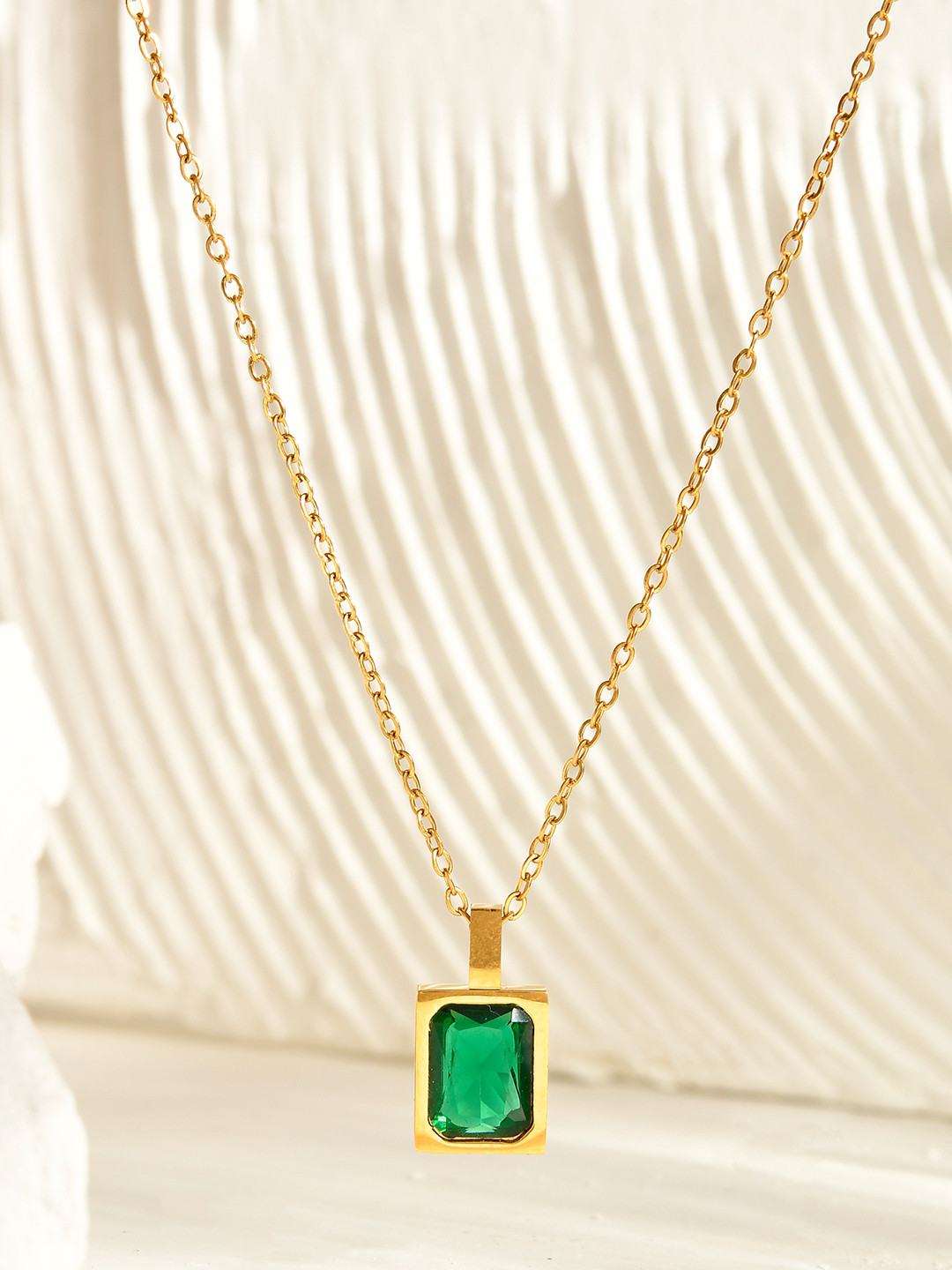 AQUASTREET 18K Gold Plated Waterproof Antitarnish Green Square Zircon Pendant Necklace