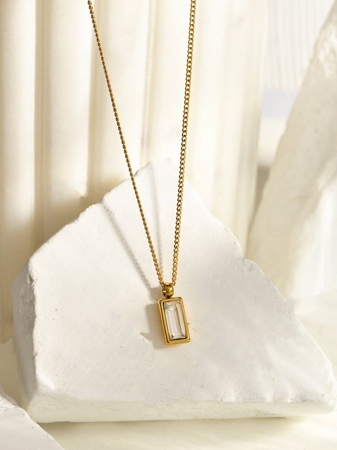 AQUASTREET 18K Gold Plated Waterproof Antitarnish Rectangular White Zircon Pendant Necklace