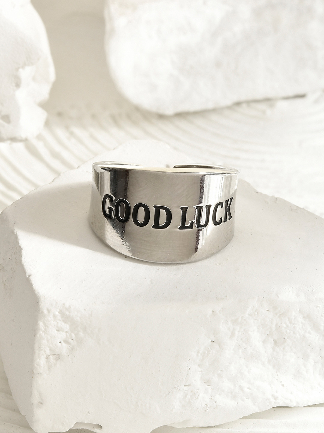 AQUASTREET 18K Silver Plated Waterproof Titanium Steel Antitarnish Good Luck Engraved Ring