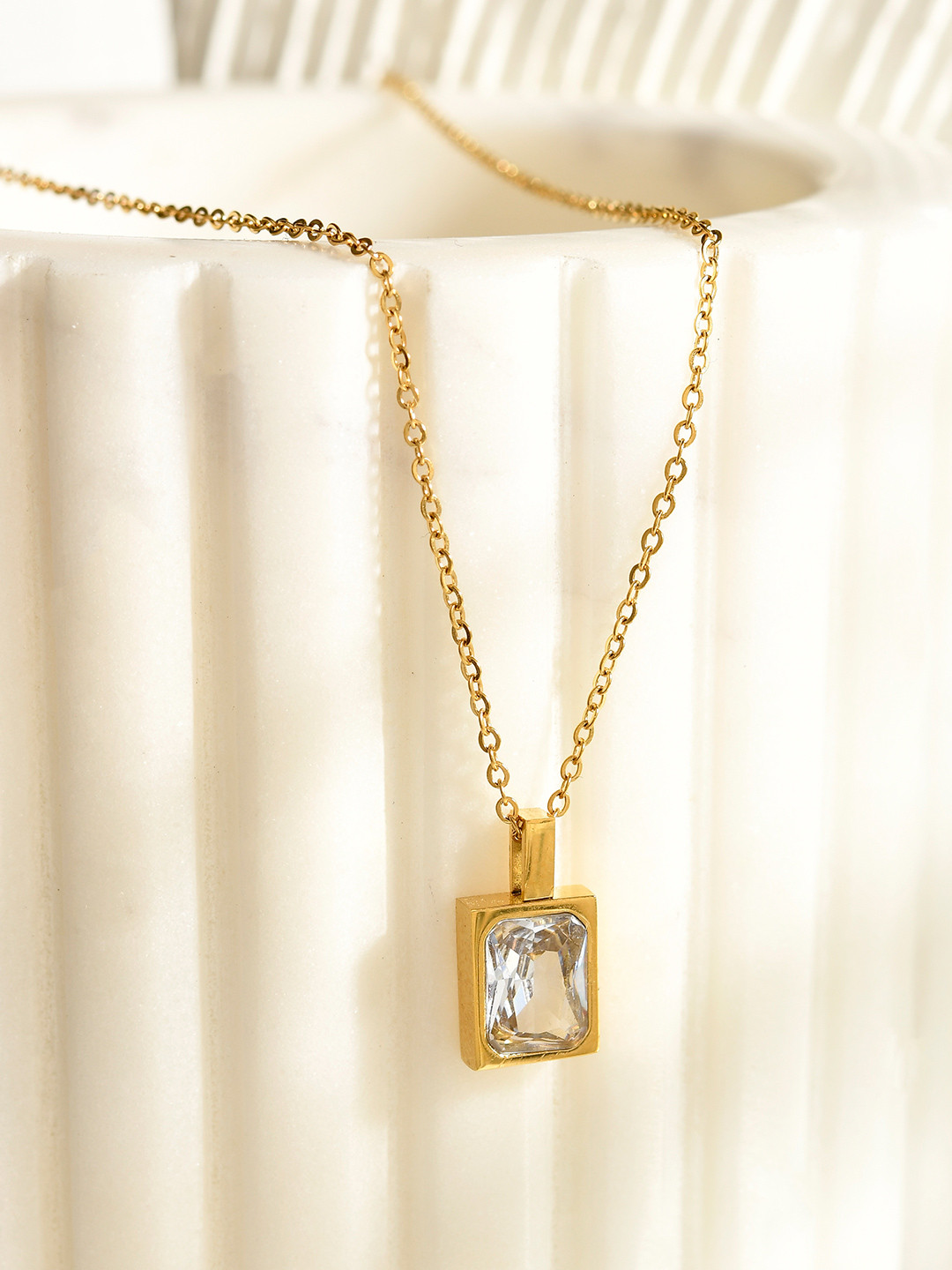 AQUASTREET 18K Gold Plated Waterproof Antitarnish White Square Zircon Pendant Necklace