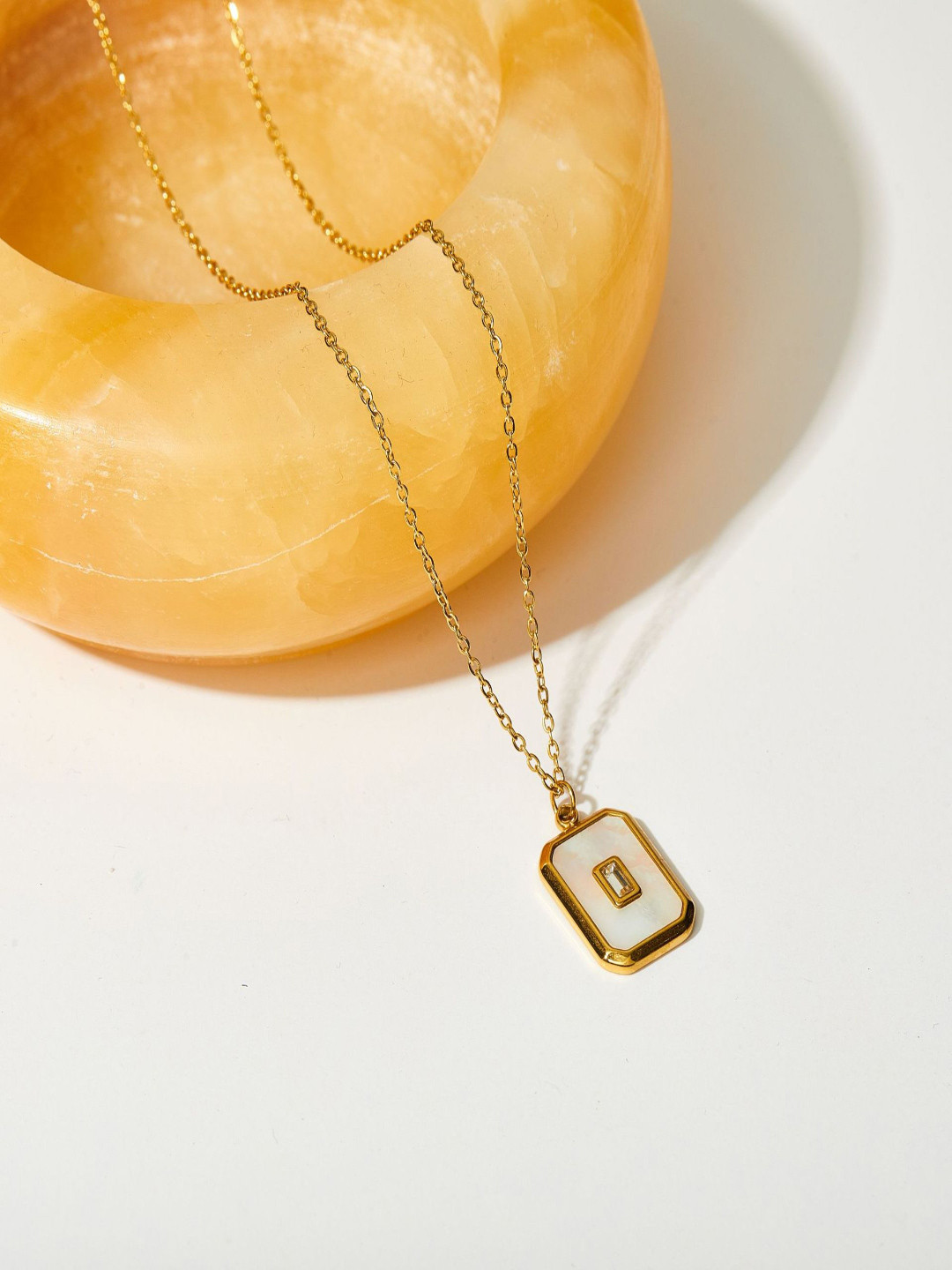 AQUASTREET 18K Gold Plated Waterproof Anti-Tarnish Rectangular White Pendant Necklace