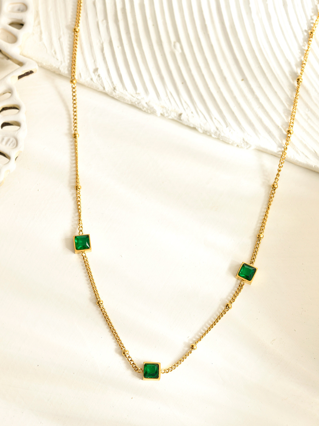 AQUASTREET 18K Gold Plated Waterproof Anti-Tarnish Titanium Steel Green Zircon Necklace