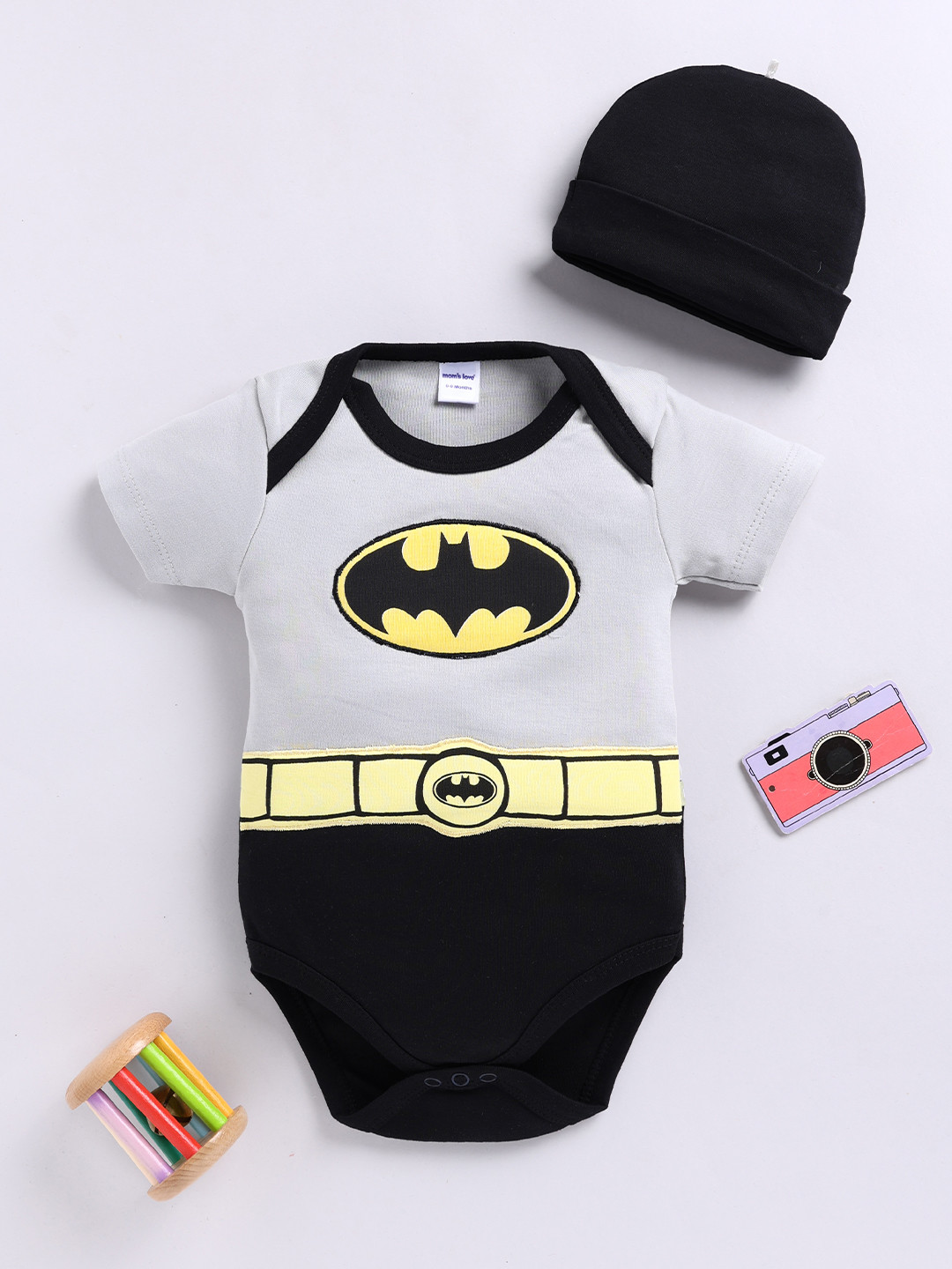 Moms Love Infant Boys Pure Cotton Batman Bodysuit With Cap