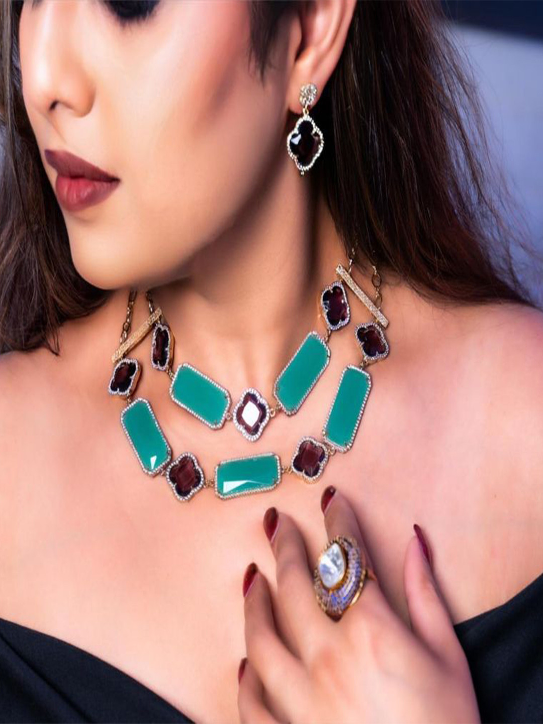 JewelTreeTz Gold-Plated Amethyst Studded &  Jewellery Set