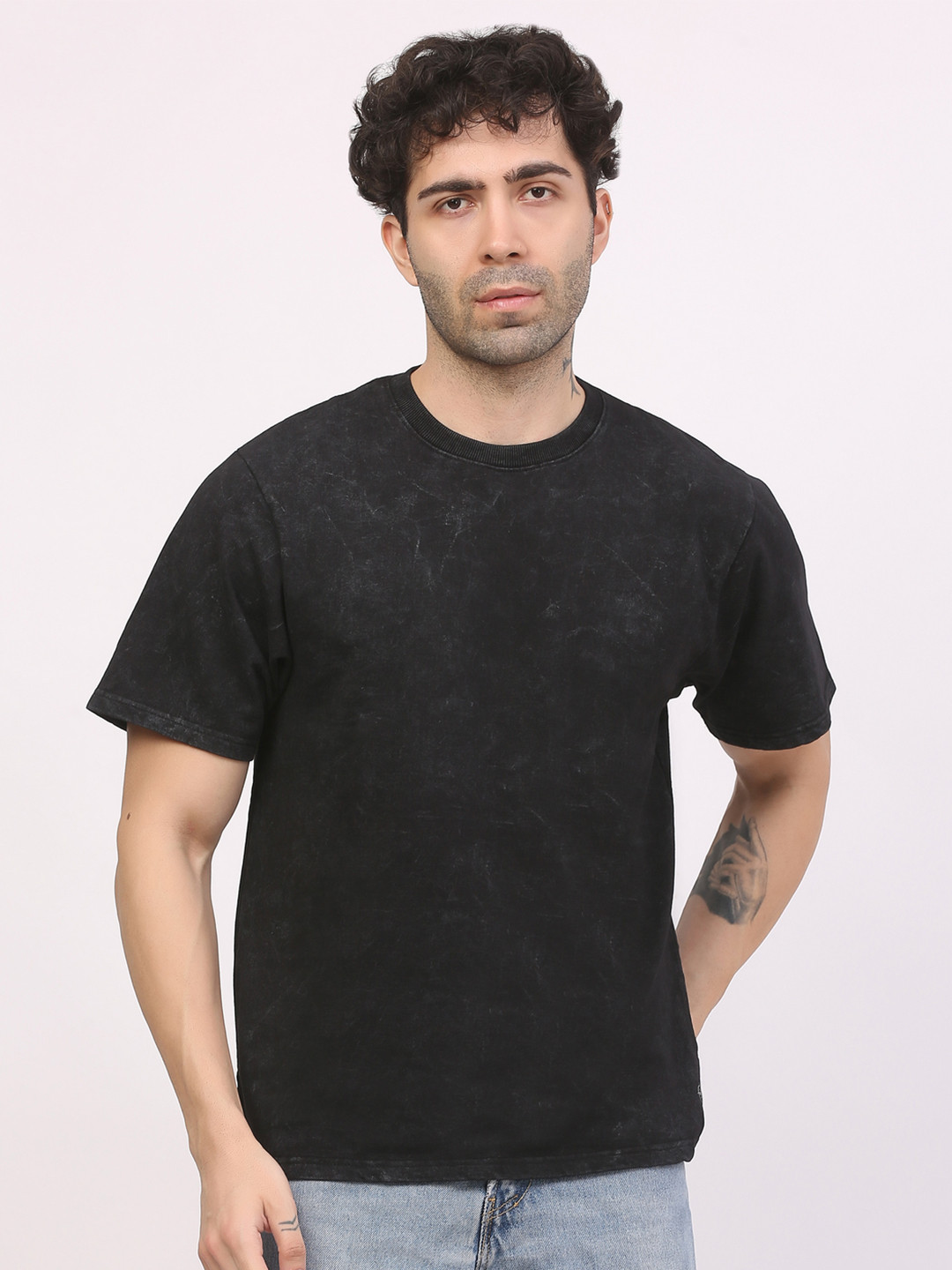 Ghumakkad Heavyweight Pure Cotton Round Neck Black Acid Wash T Shirt