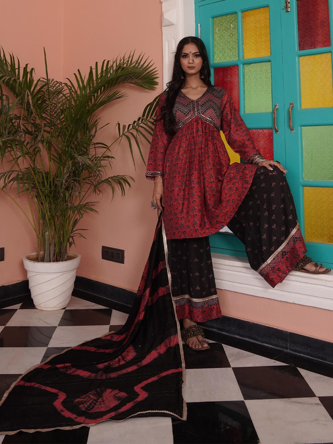 BulBul Women Floral Printed A-Line Mirror Work Kurta with Palazzos & Dupatta