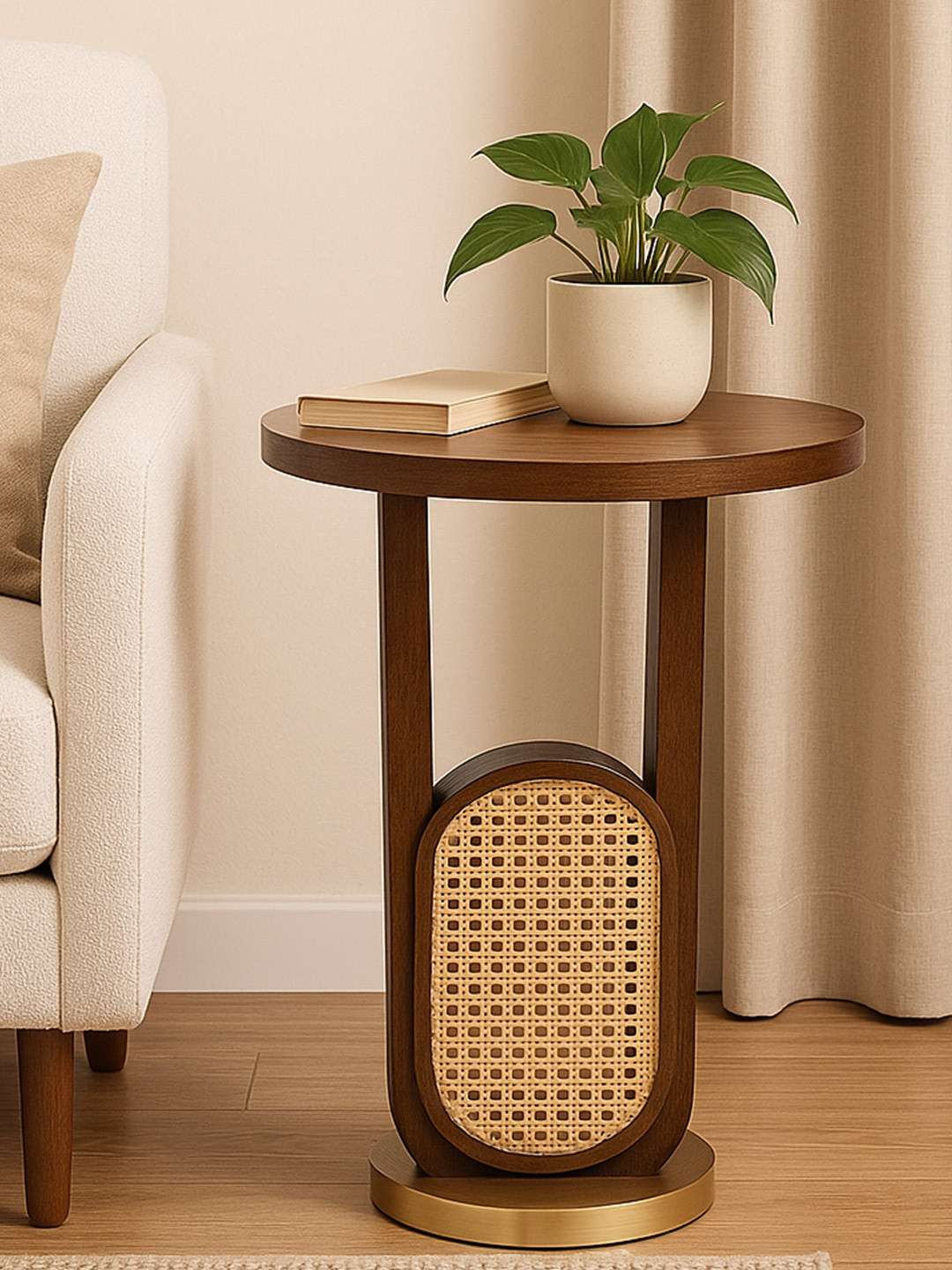 Little Extra Wooden Round Coffee Table with Cane Panel & Golden Base