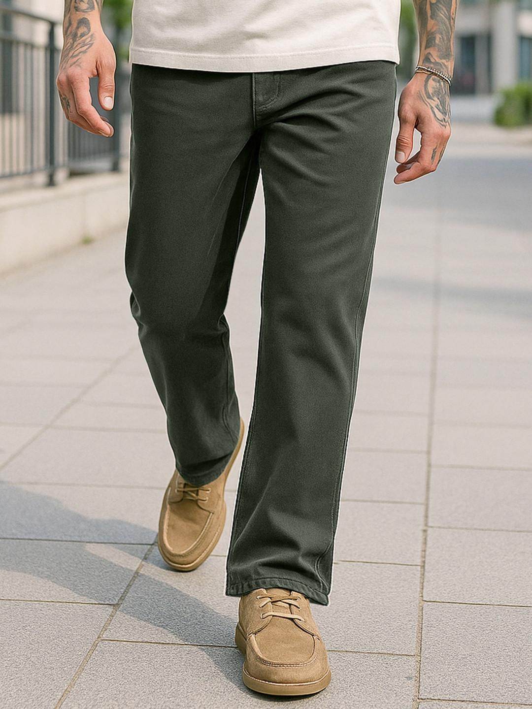 Bewakoof Men's Olive Green Baggy Washed Mid-Rise Jeans