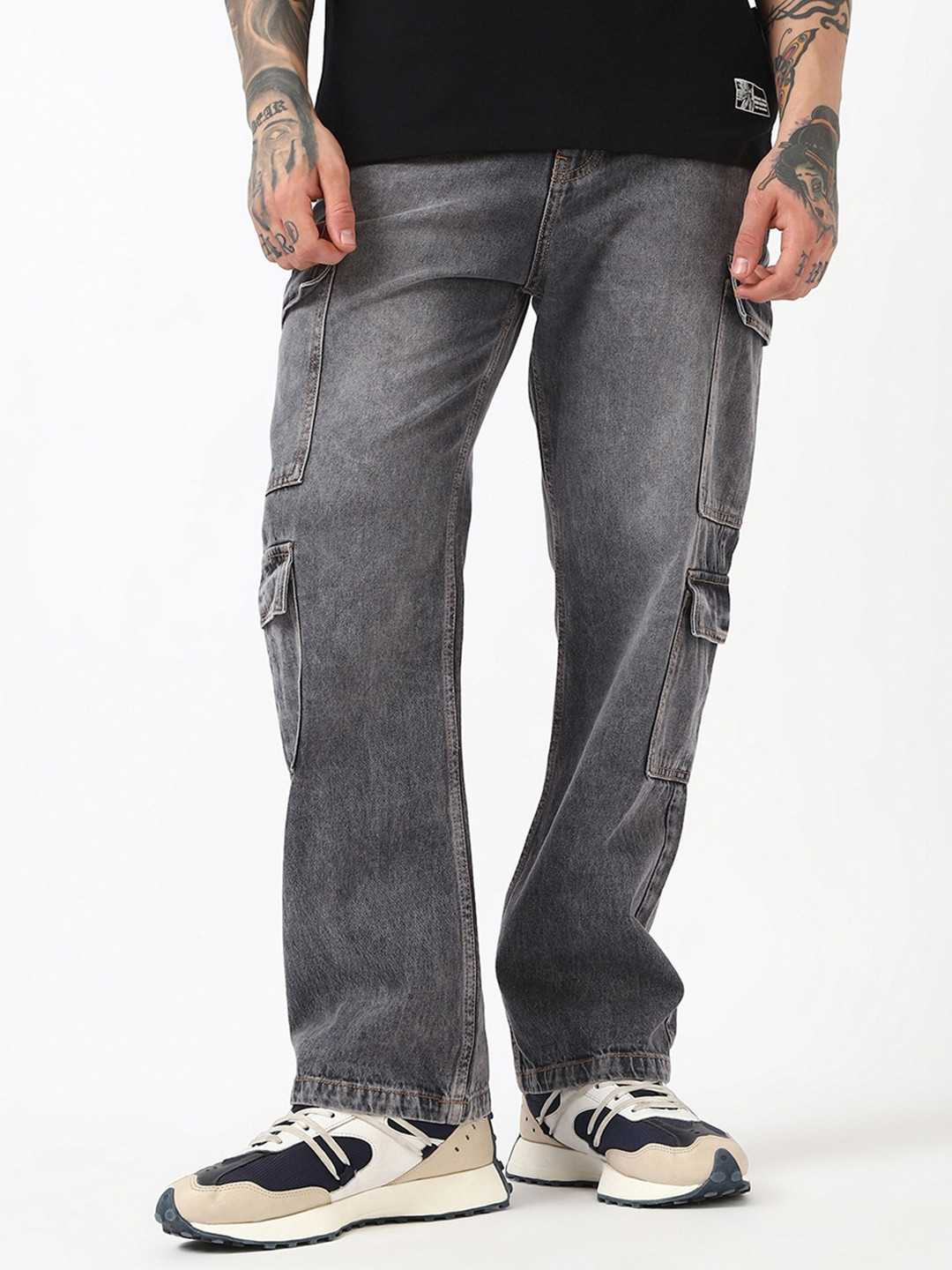 Bewakoof Men's Grey Baggy Washed Cargo Mid-Rise Jeans