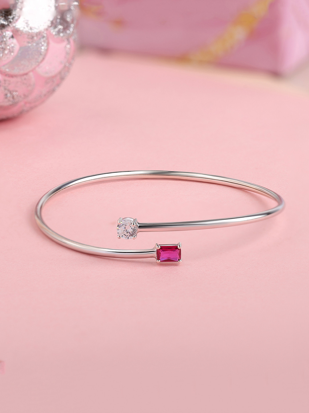 Ornate Jewels 925 Silver Red Cubic Zirconia Toi Et Moi Flexible Cuff Bangle