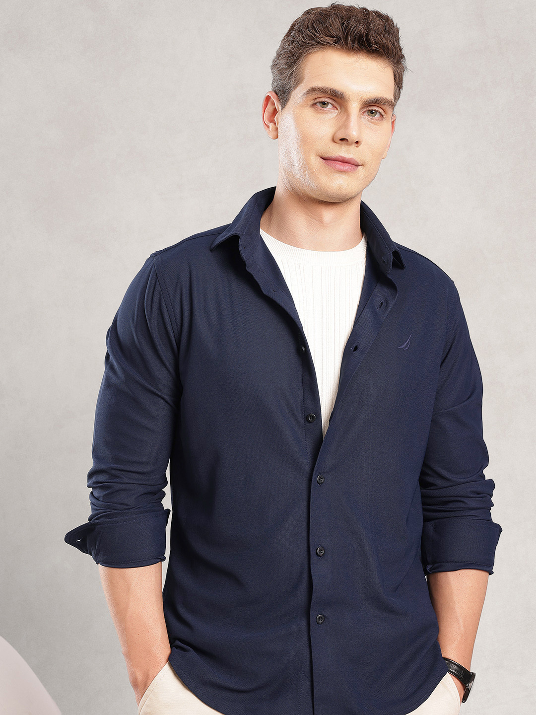 Nautica Men Premium Slim Fit 4 Way stretch CoolMax Casual Shirt