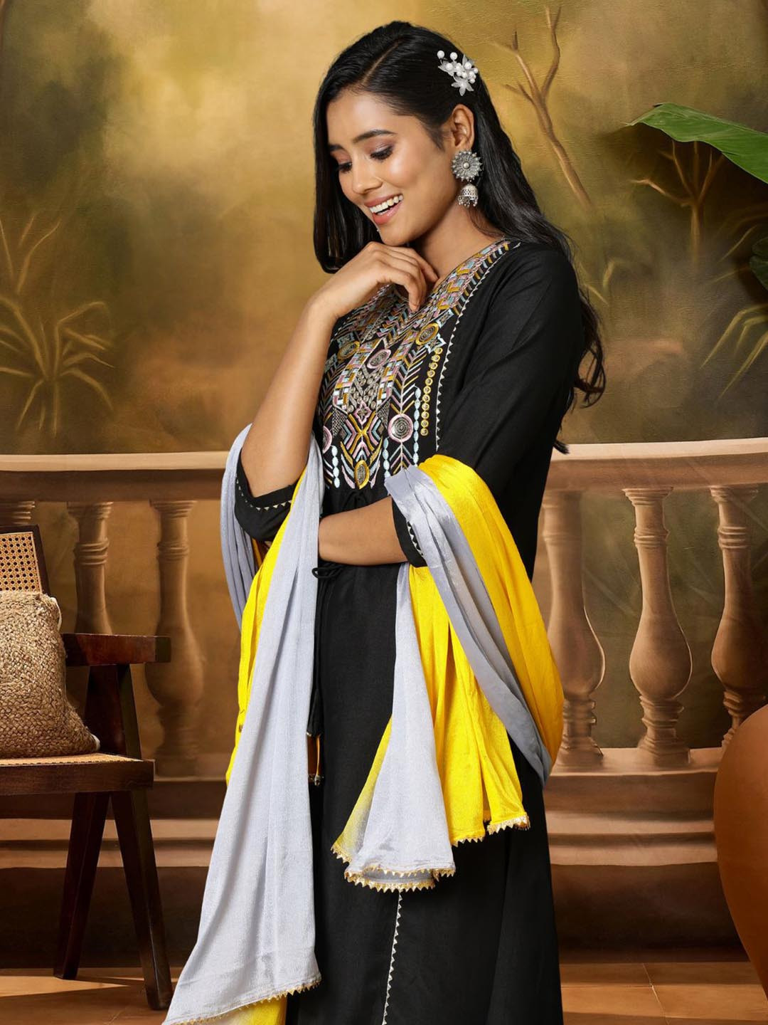 Sangria Women Black Cotton Silk Yoke Embroidery A-line Kurta Palazzo With Dupatta Set