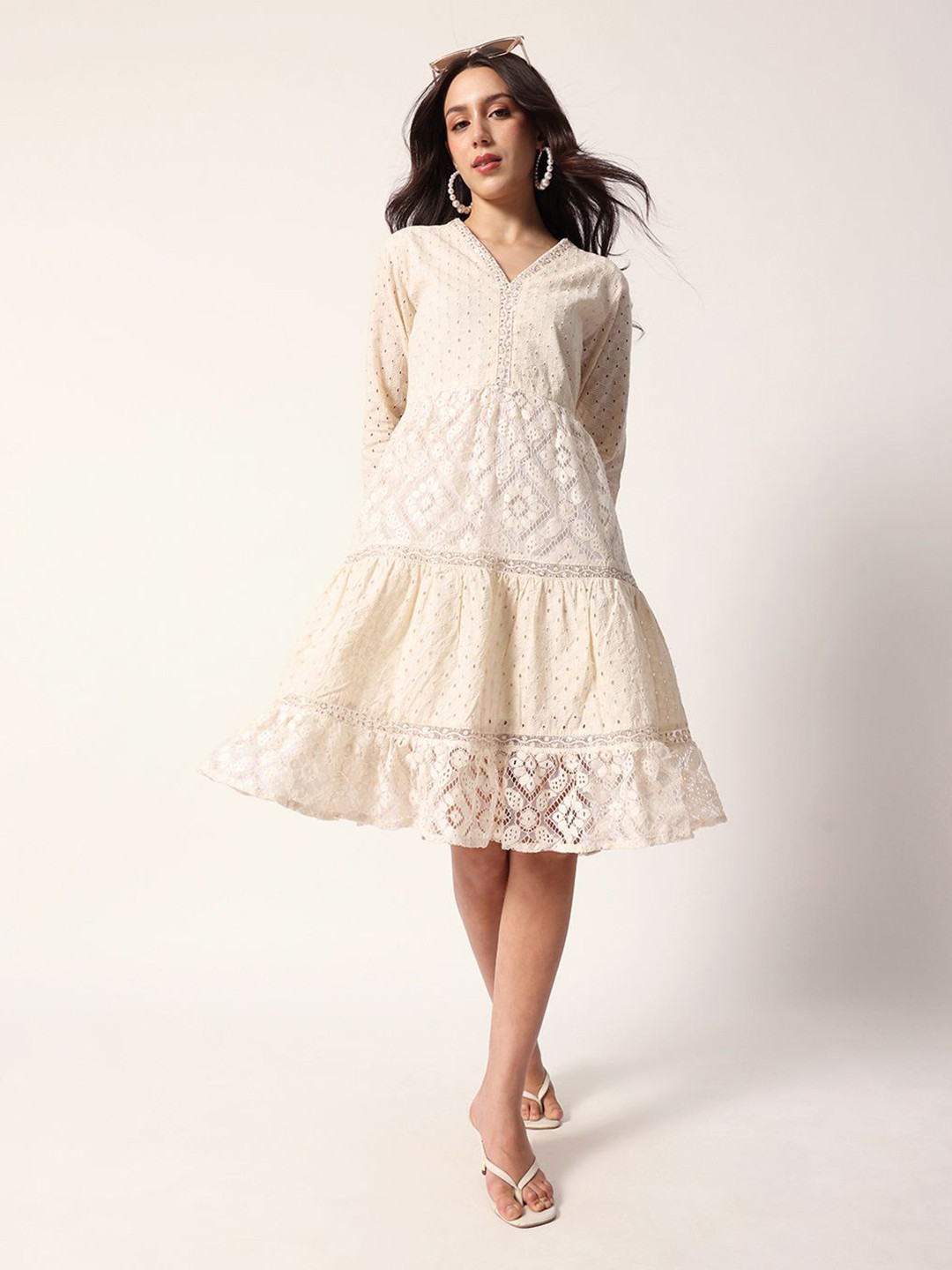Ishin Women Self Design Lace Inserts Fit & Flare Midi Dress