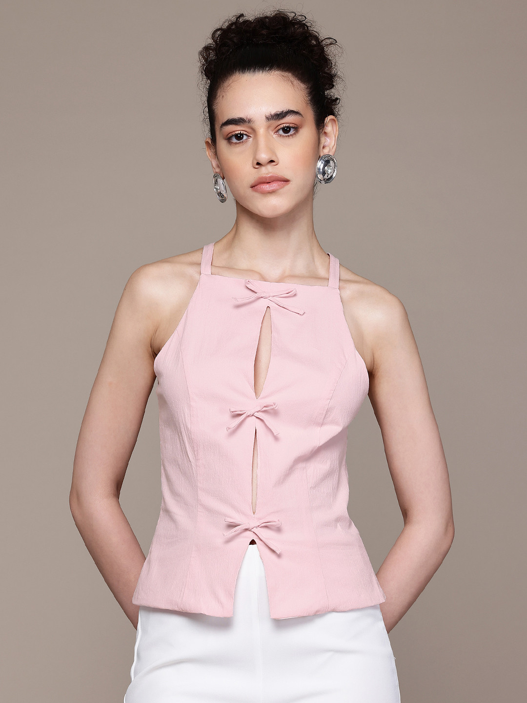 MANGO Cut Outs & Applique Detail Paneled Cotton Top