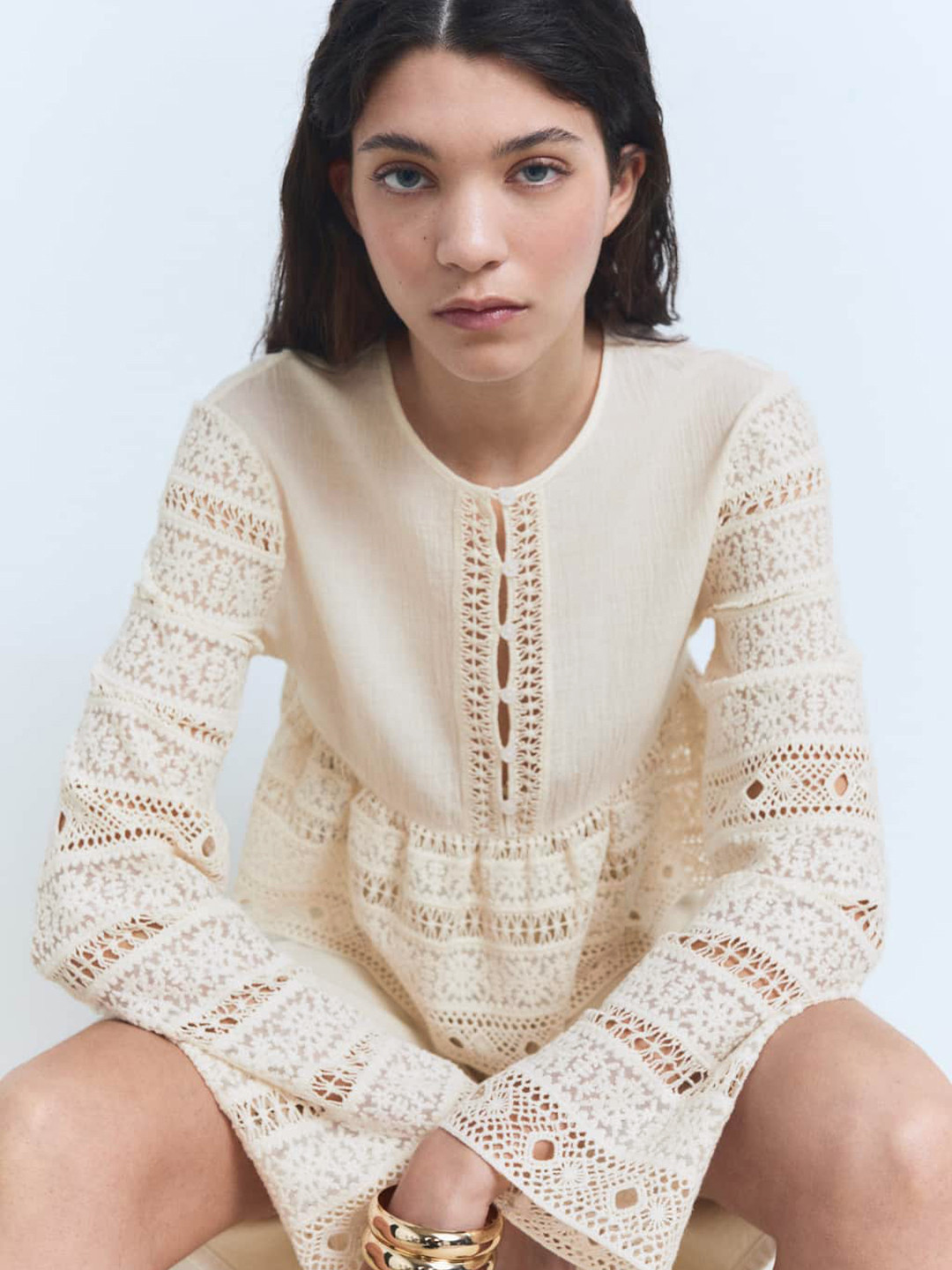 MANGO Semi-Sheer Lace Insert Detail A-Line Top