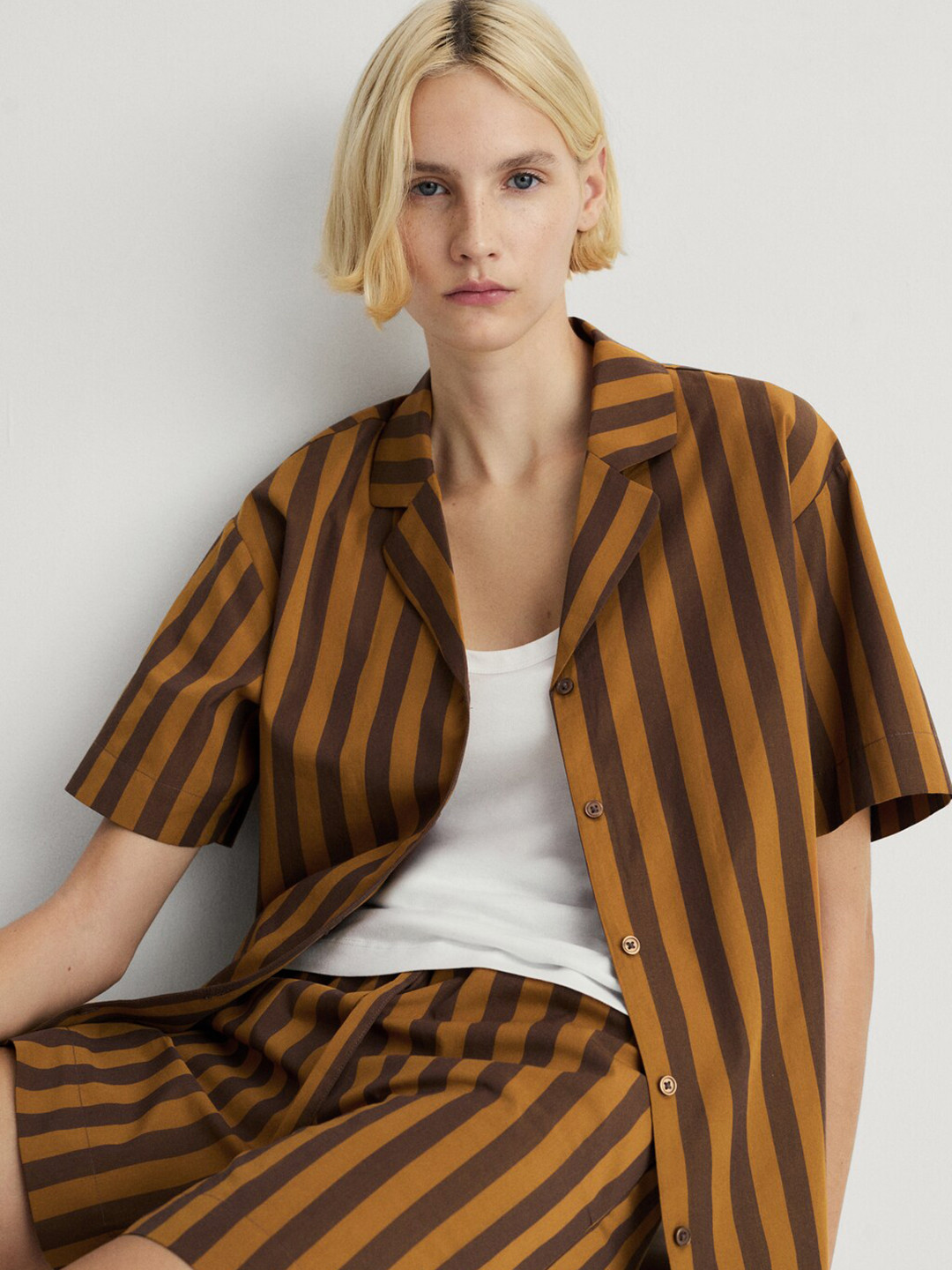 MANGO Vertical Stripes Cuban Collar Casual Relaxed Fit Shirt