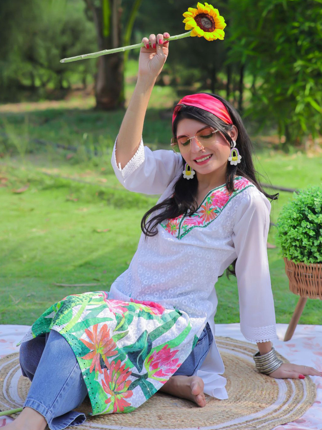 KALINI Pure Cotton V-Neck Summer Sheers Embroidery and Digital Print Straight Kurta