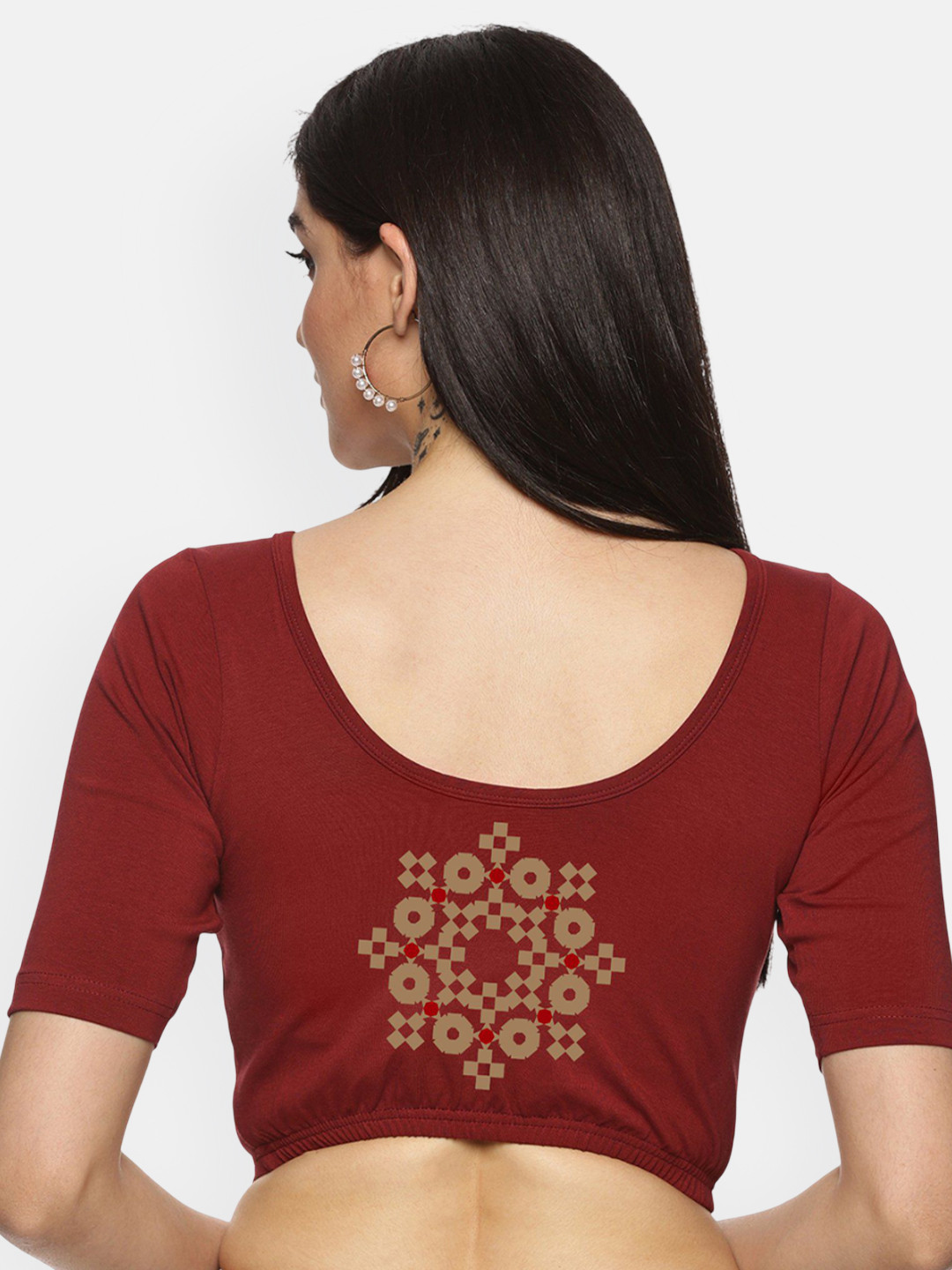 NOT YET by us Maroon Back Printed Strechable Saree Blouse