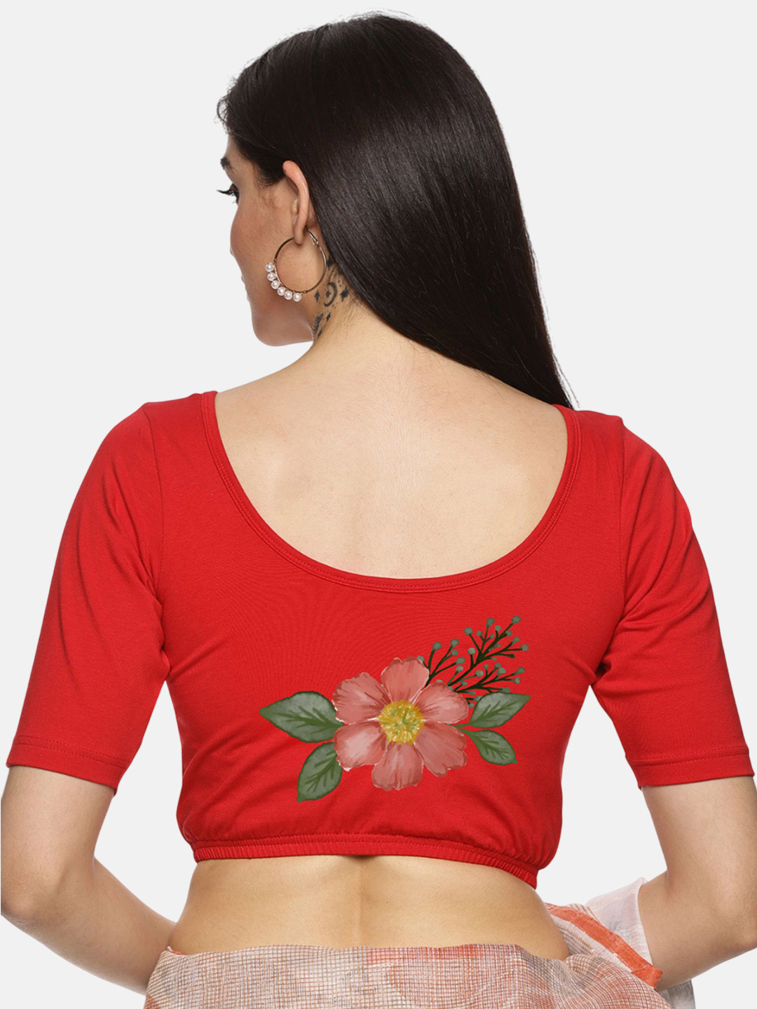 NOT YET by us Printed Round Neck Stretch Saree Blouse