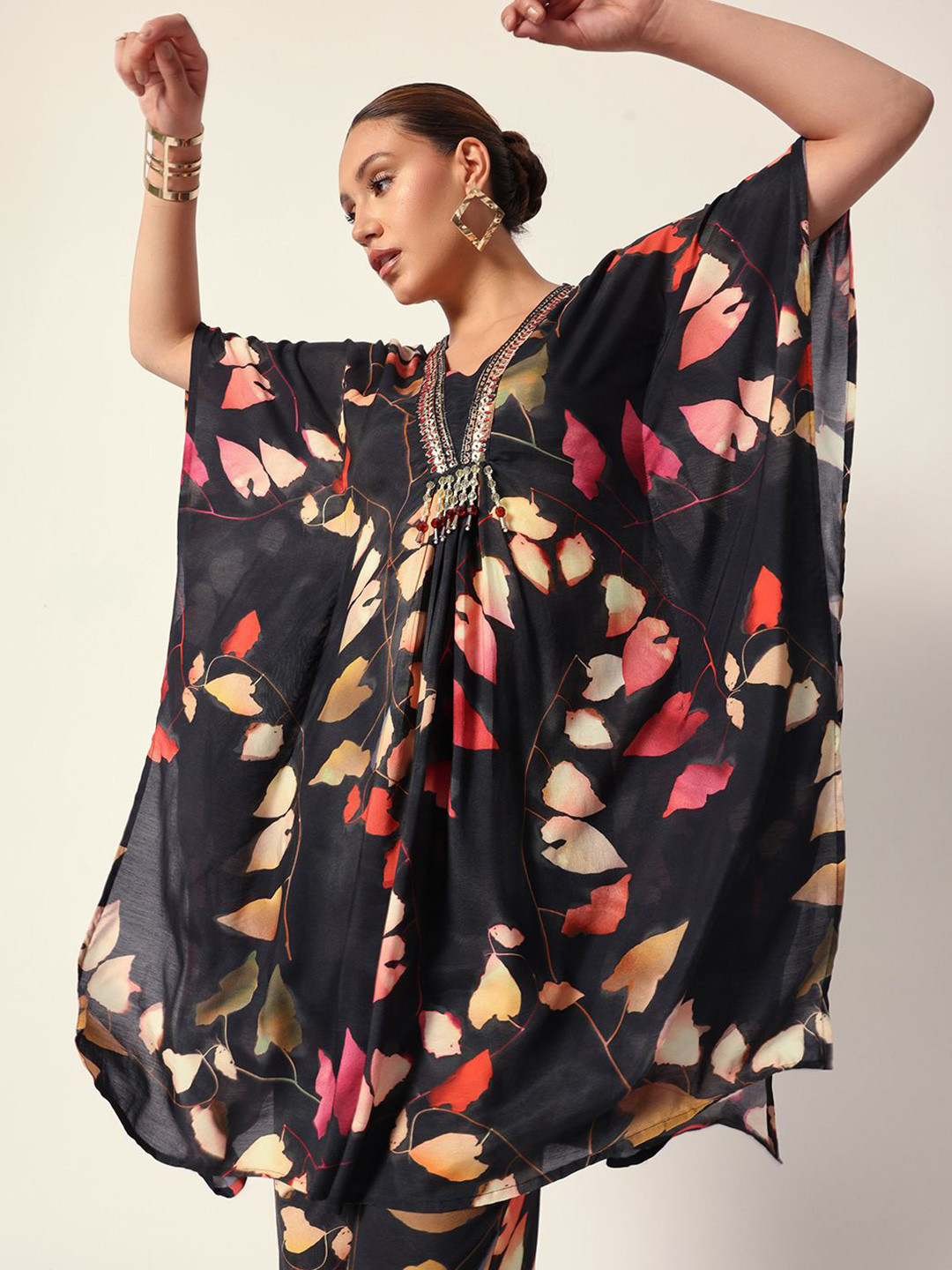 Ishin Floral Printed Square Neck Sequinned Kaftan Kurta With Trousers