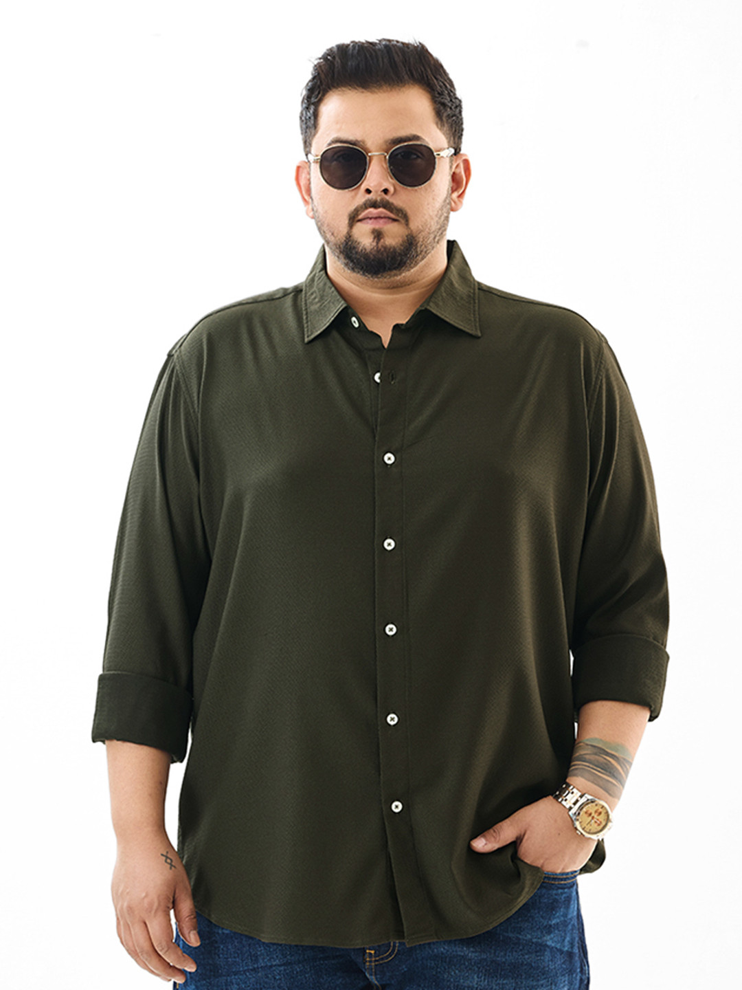 Snitch Dark Olive Green Self Design Plus Size Shirt