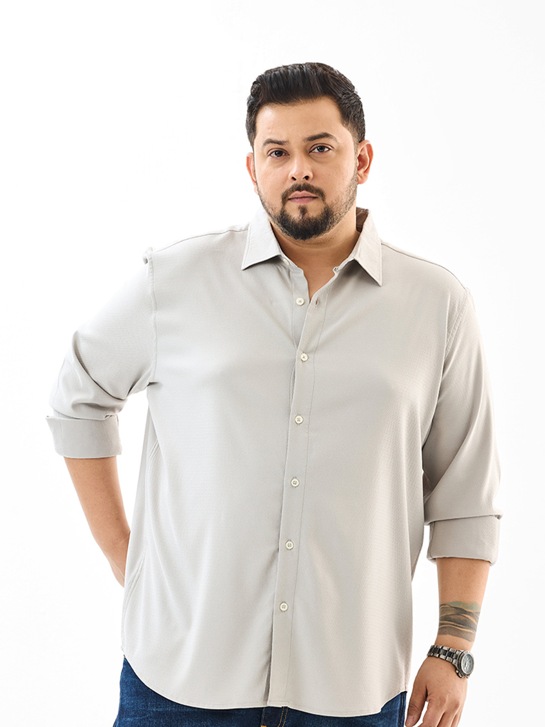 Snitch Light Grey Self Design Plus Size Shirt