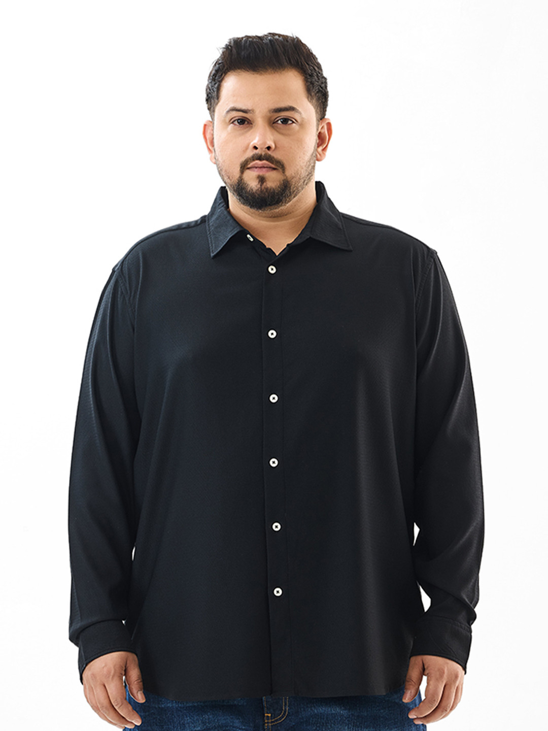 Snitch Black Self Design Plus Size Shirt