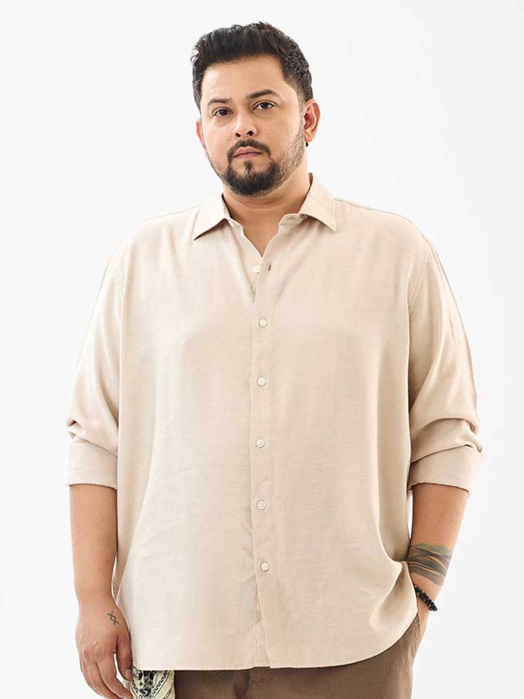 Snitch Beige Solid Plus Size Shirt