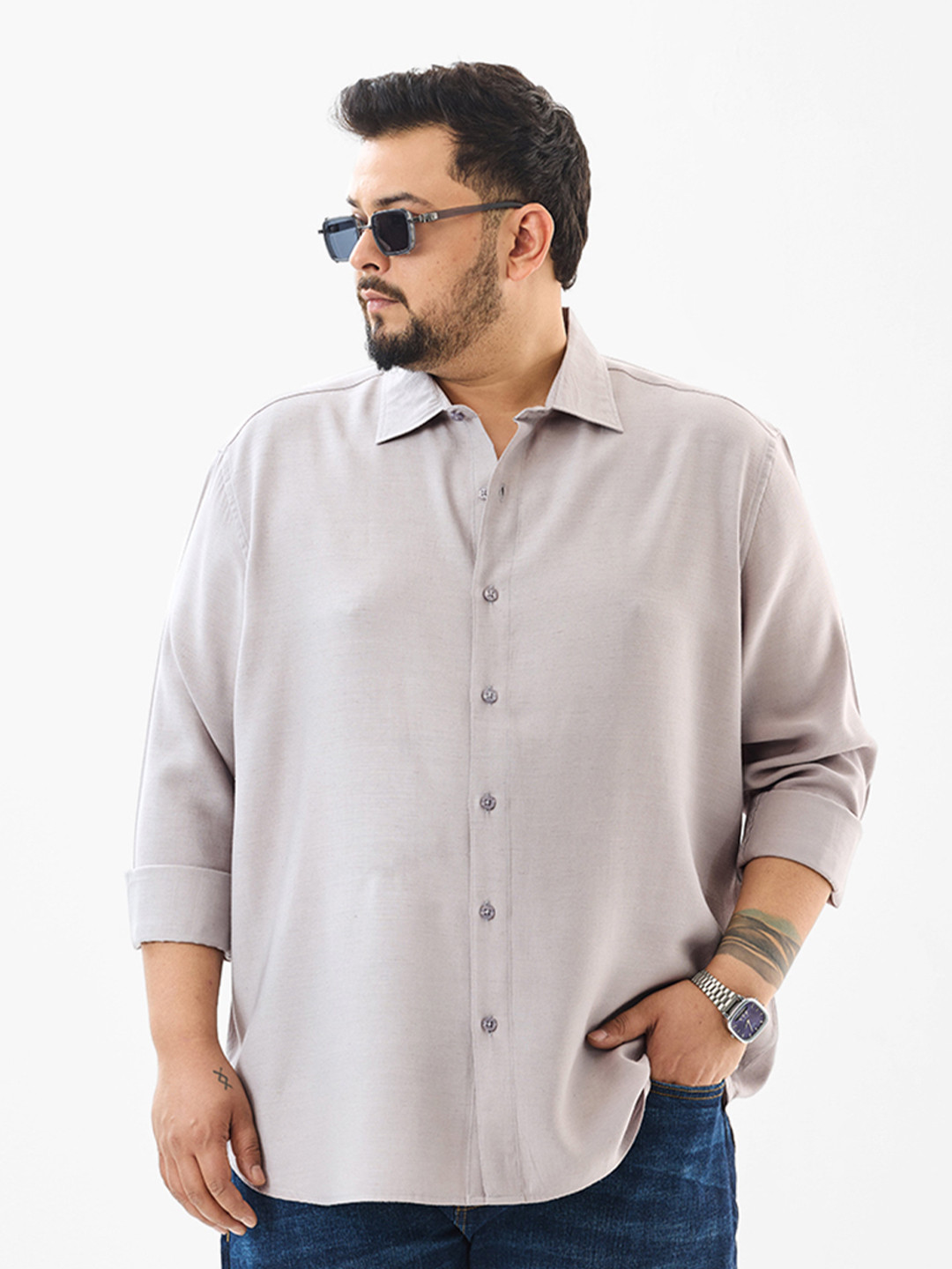 Snitch Light Grey Solid Plus Size Shirt