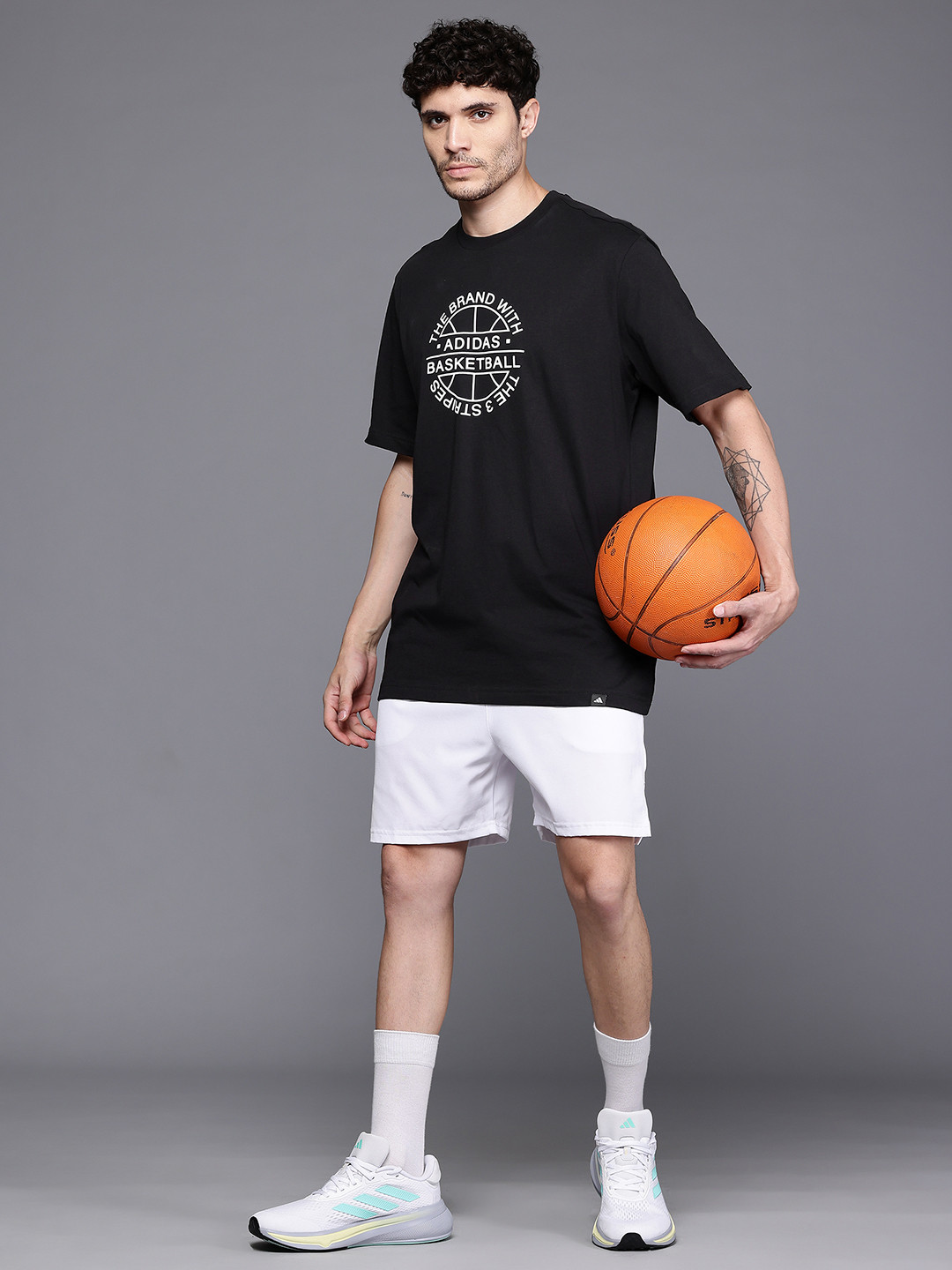 ADIDAS Typography Printed Drop-Sleeves Pure Cotton Oversized VERBIAGE Basketball T-shirt