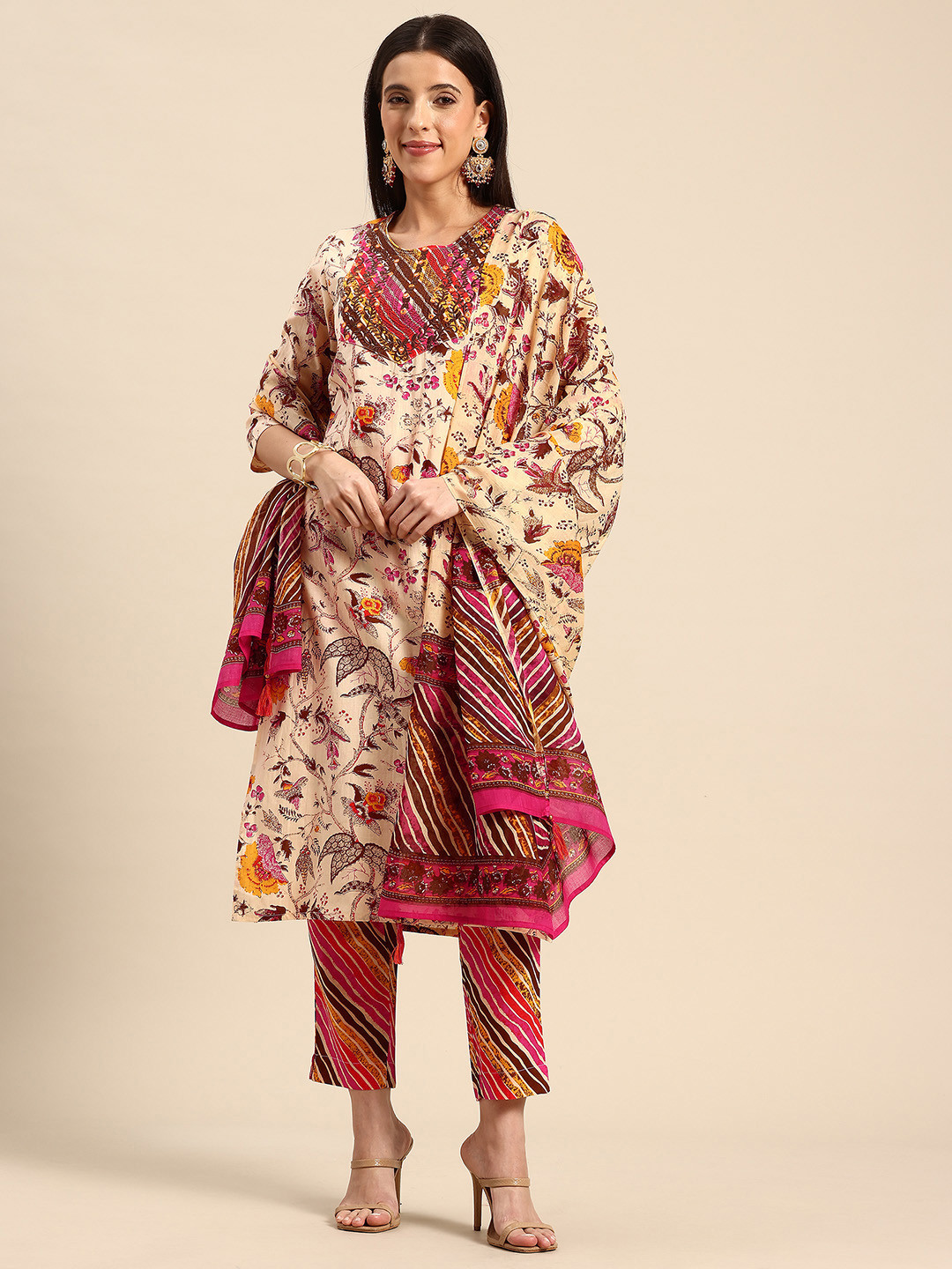 A&K Floral Embroidered Kurta with Trousers & Dupatta
