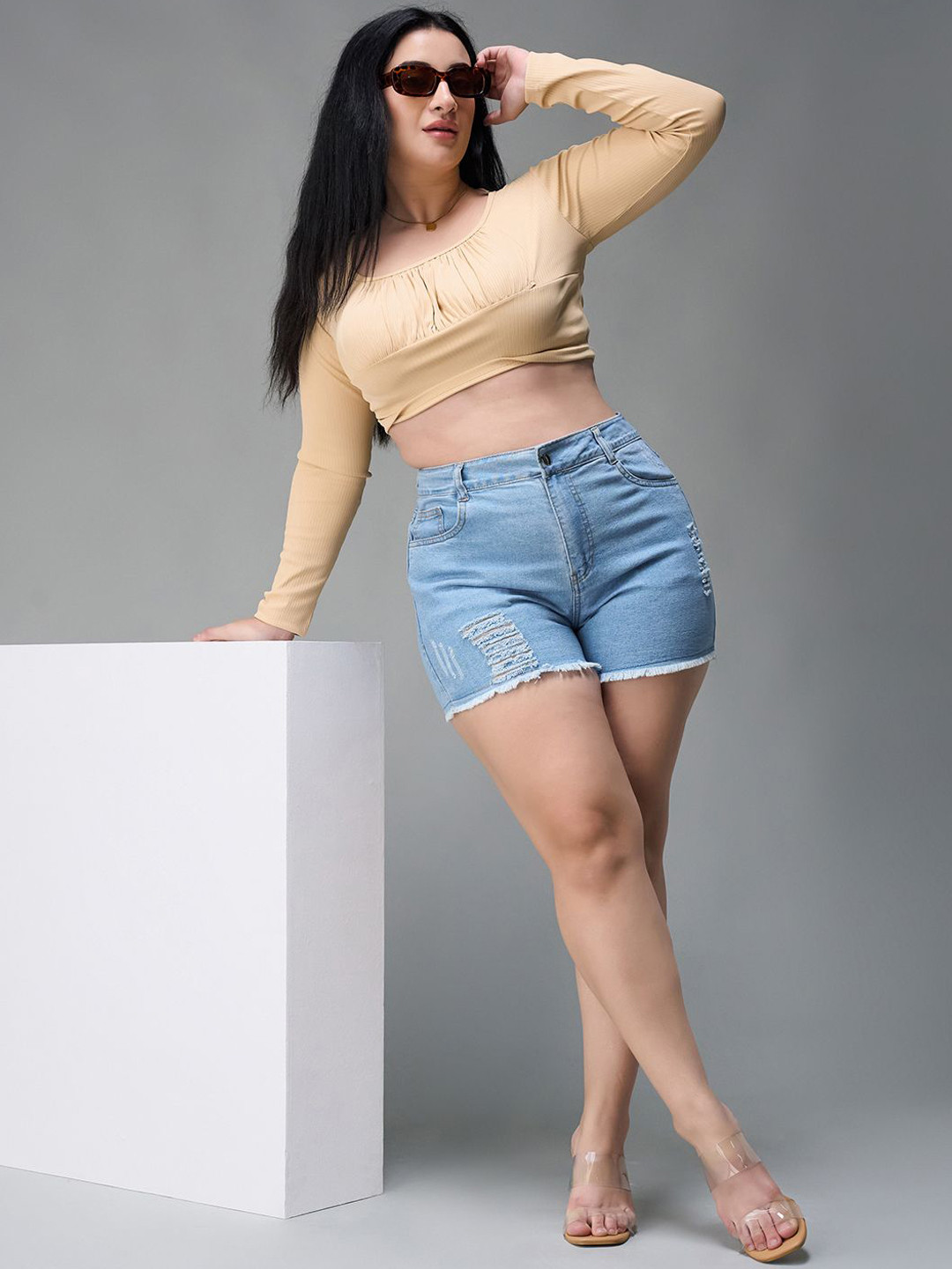 Miss Chase A+ Plus Size Washed Denim Ripped Shorts