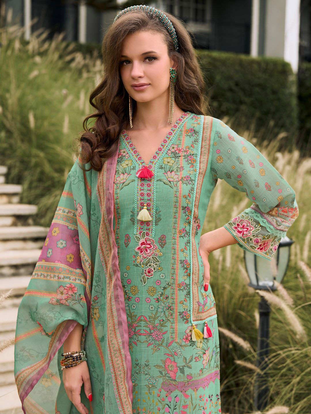 Indo Era Floral Printed Sequinned Linen Kurta With Trousers And Dupatta