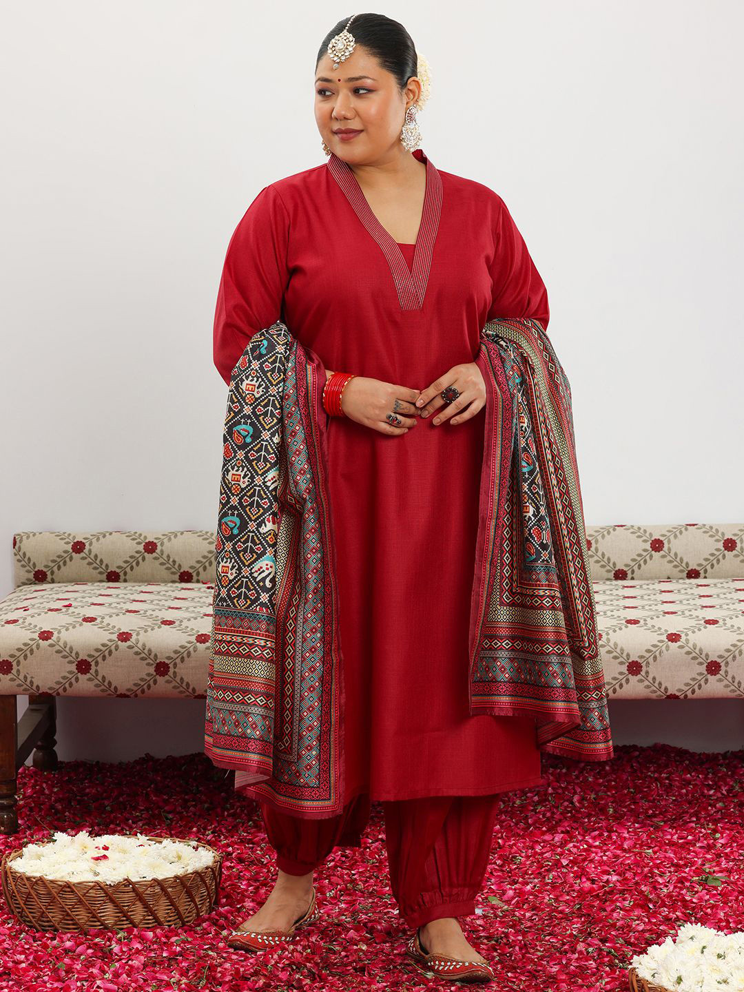 EXTRA LOVE BY LIBAS Plus Size Yoke Design V-Neck Kurta & Salwar With Dupatta
