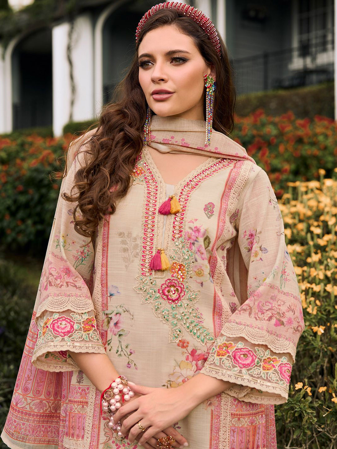 Indo Era Floral Printed V-Neck Sequinned Linen Kurta With Trousers And Dupatta