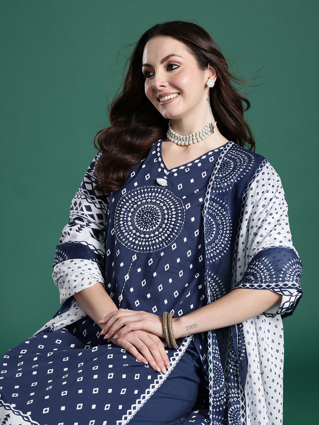Indo Era Printed Mirror Work Pure Cotton Kurta with Trousers & With Dupatta