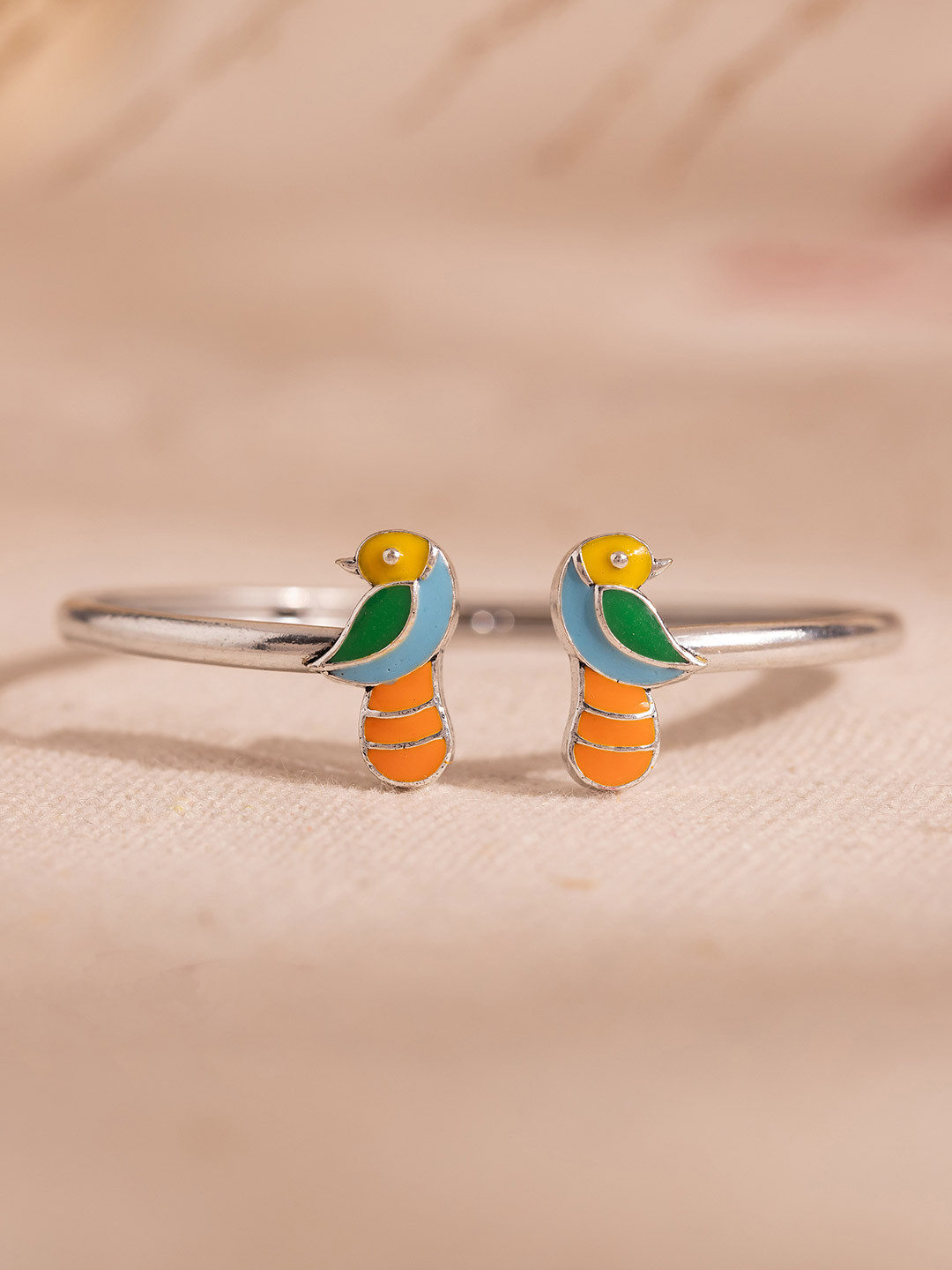 Voylla Women Madhubani Pakhi Silver-Plated Oxidised Enamel Cuff Bracelet