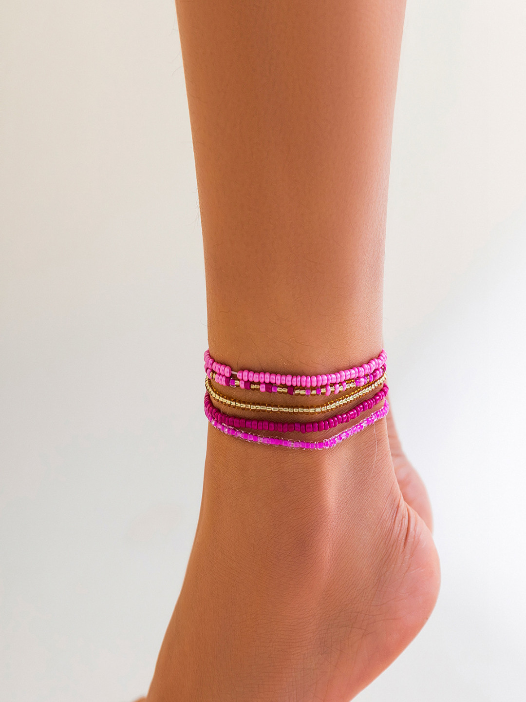 AQUASTREET Set of 5 Multicolor Pink Stretchable Bohemian Boho Elasticated Beaded Anklets