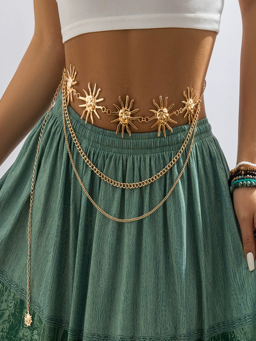 AQUASTREET Boho Style Gold Plated Smiling Sun Layered Waist Chain