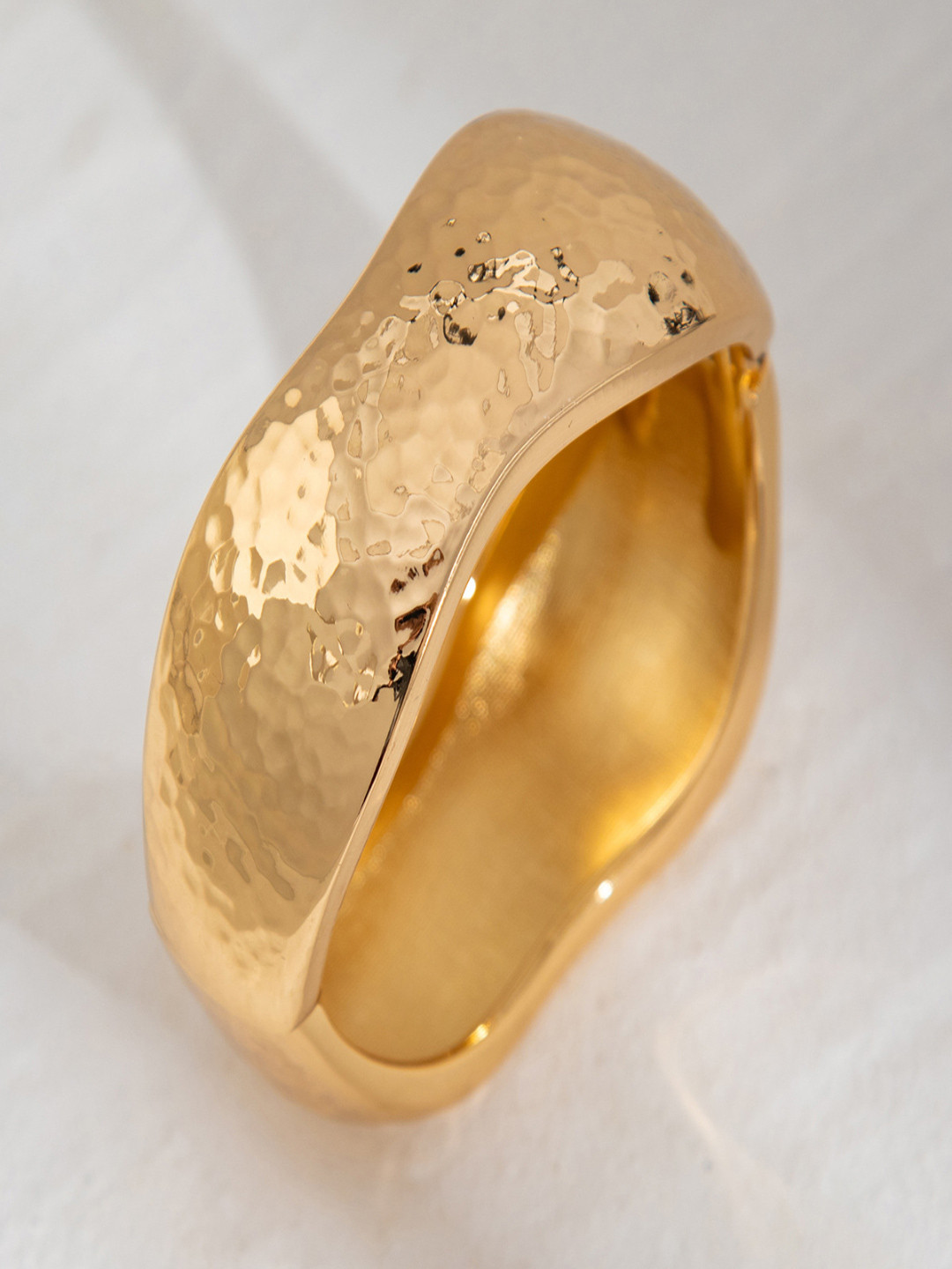 AQUASTREET Glossy Gold Plated Bold Hammered Open Bangle Bracelet
