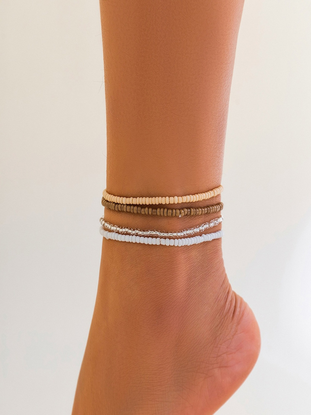 AQUASTREET Set of 4 Multicolor Beige Stretchable Bohemian Boho Elasticated Beaded Anklets
