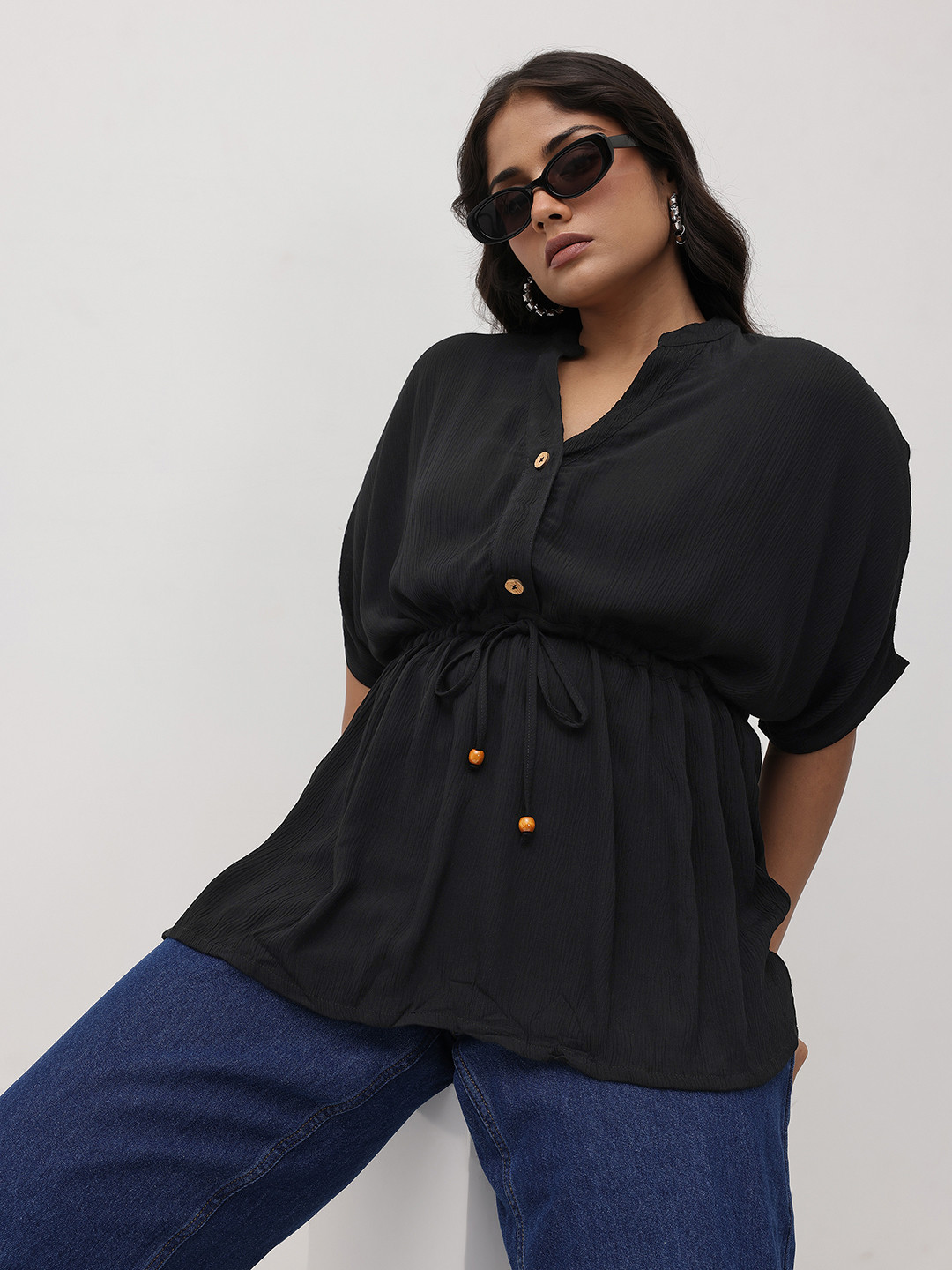 The Roadster Lifestyle Co. Plus Size Mandarin Collar Batwing Sleeve Crepe Longline Top