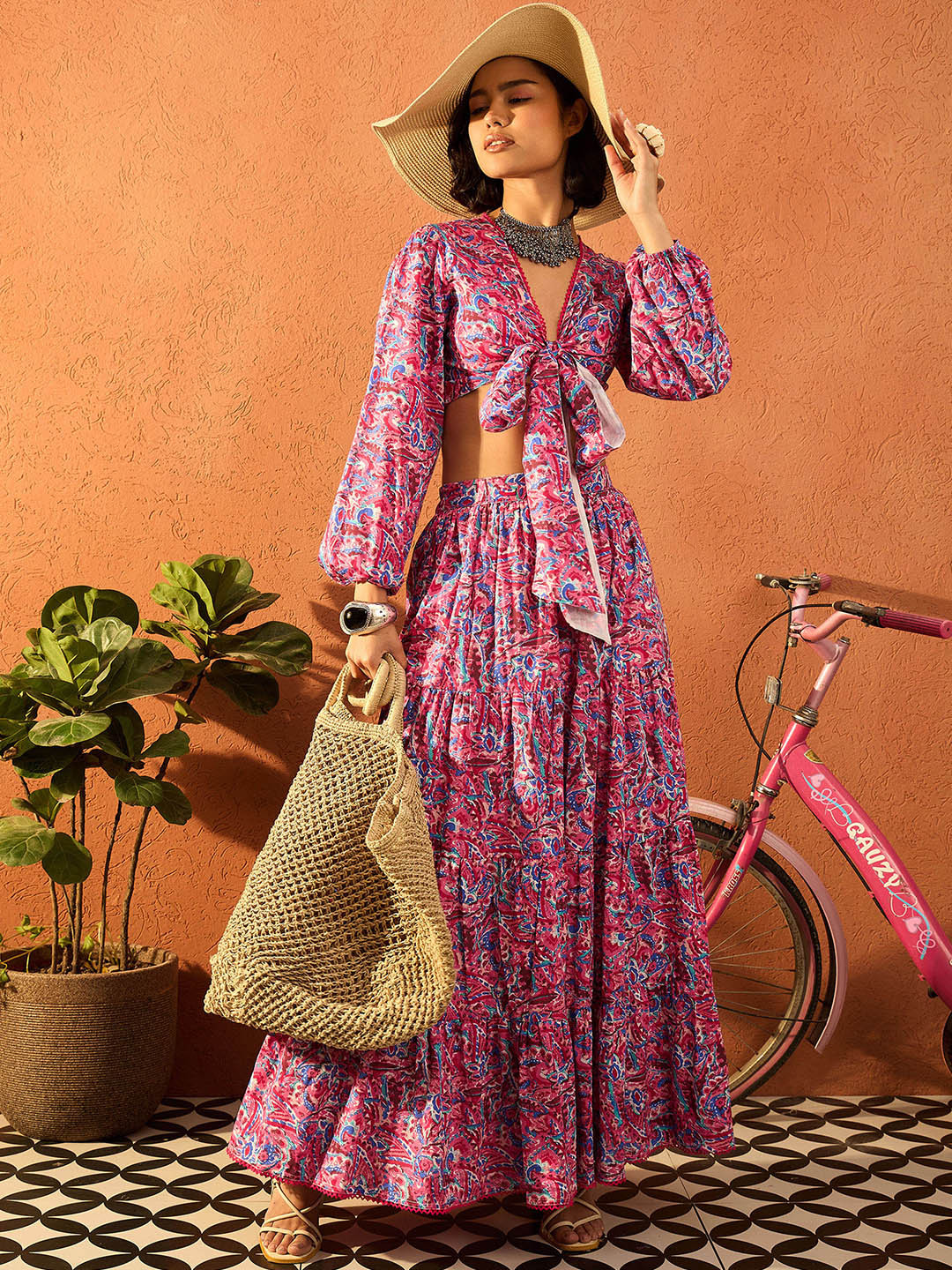 Pink Paprika by SASSAFRAS Printed Pure Cotton Crop Top With Maxi Skirt Co-Ords